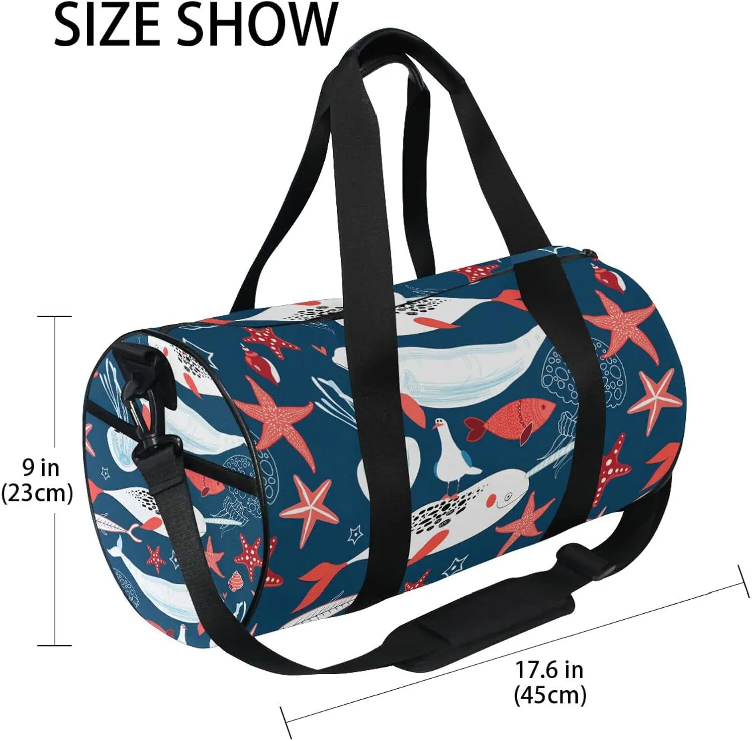 White Sea Whales Jellyfish Red Starfishes Fishes on Dark Blue Duffel Bag, Foldable Canvas Travel Tote for Gym Sports with Inner Pockets, Durable Lightweight Fitness Bag for Overnight Workout