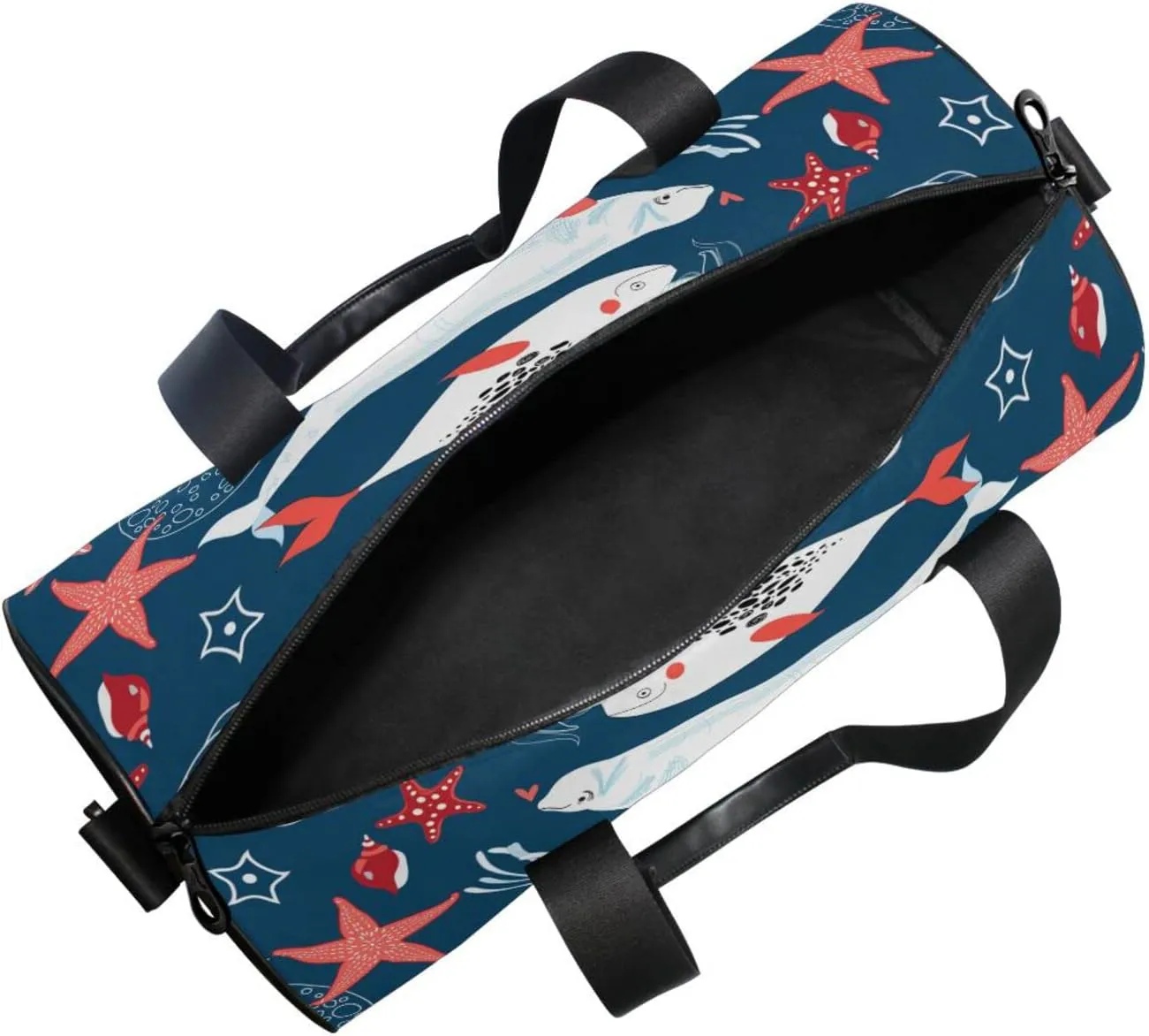 White Sea Whales Jellyfish Red Starfishes Fishes on Dark Blue Duffel Bag, Foldable Canvas Travel Tote for Gym Sports with Inner Pockets, Durable Lightweight Fitness Bag for Overnight Workout