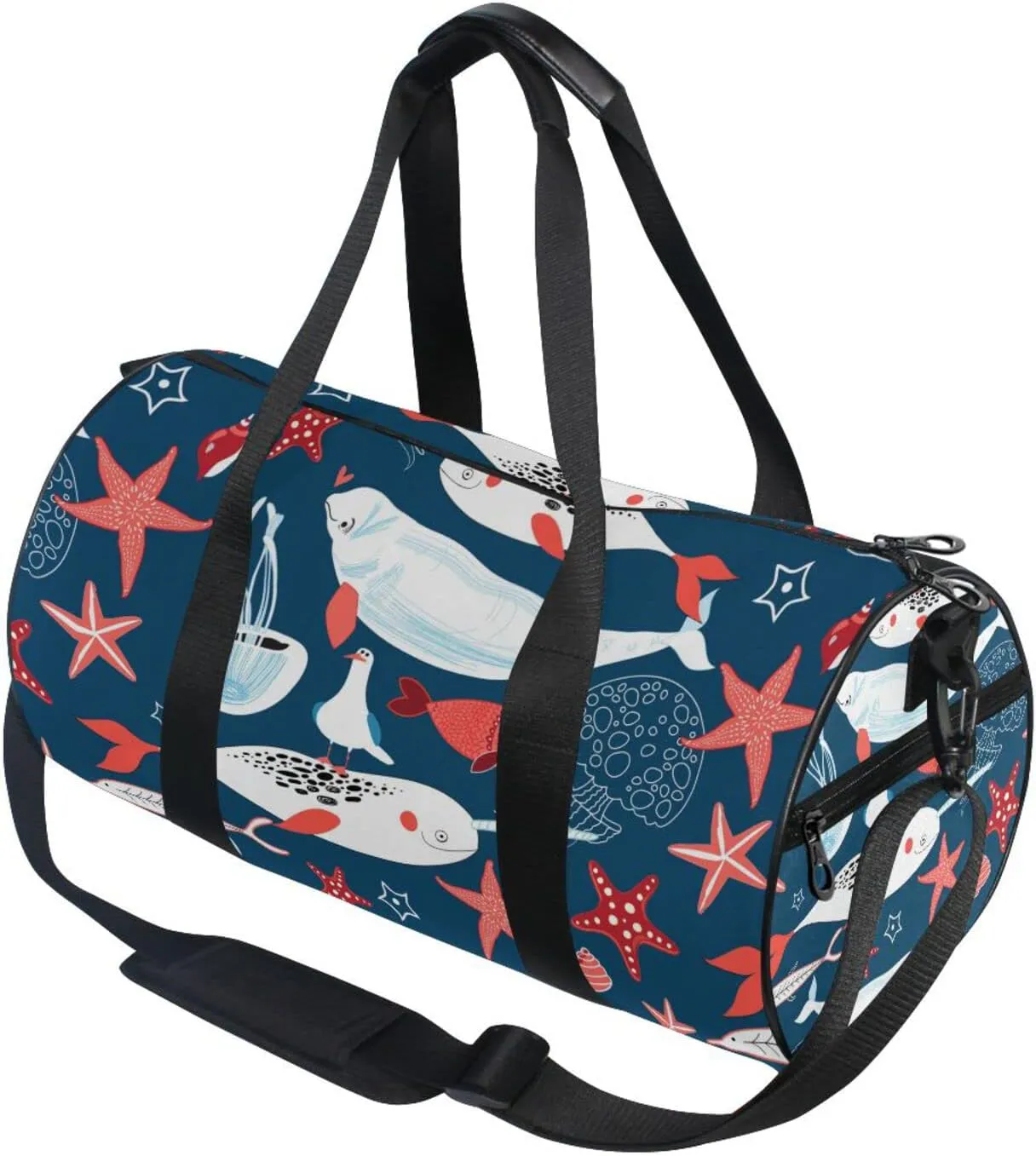 White Sea Whales Jellyfish Red Starfishes Fishes on Dark Blue Duffel Bag, Foldable Canvas Travel Tote for Gym Sports with Inner Pockets, Durable Lightweight Fitness Bag for Overnight Workout