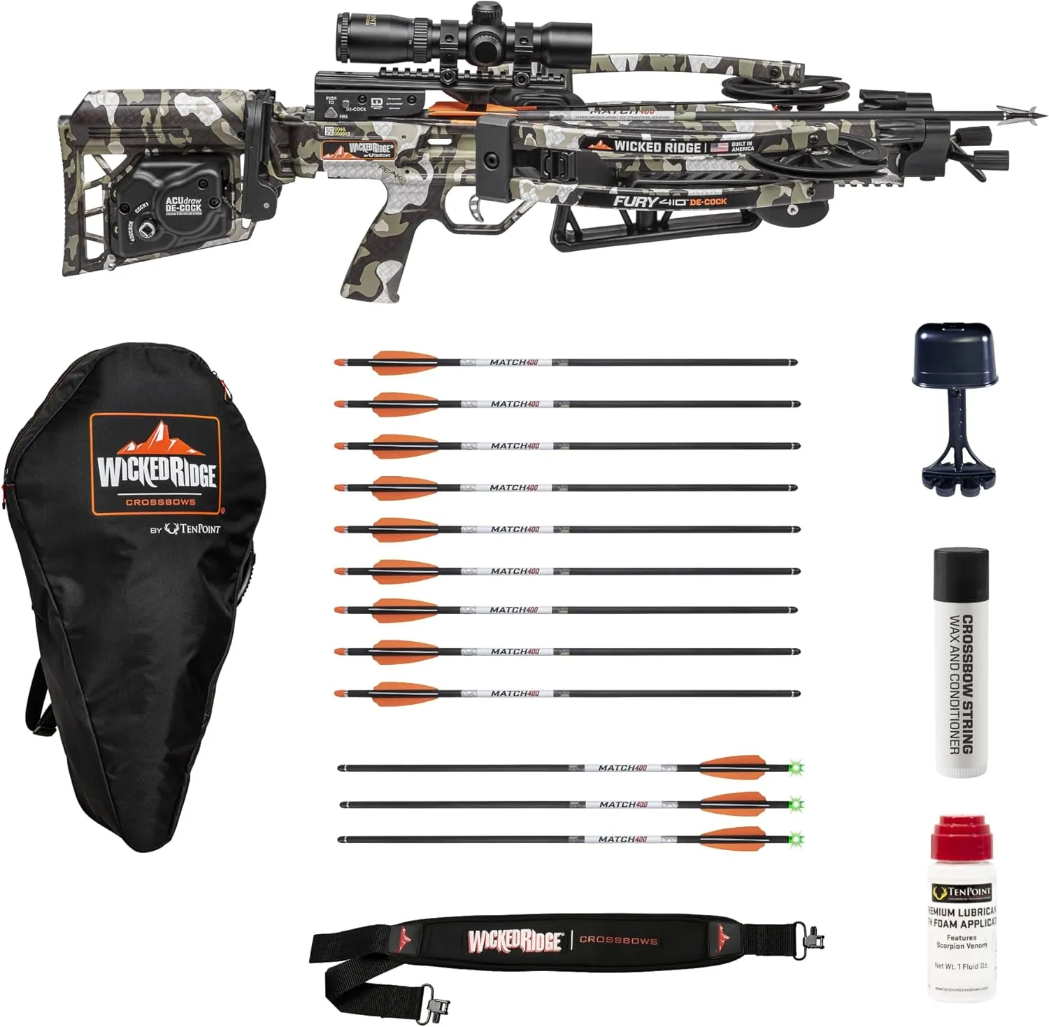 Wicked Ridge by TenPoint Fury 410 De-Cock Ready-to-Hunt Package - Includes 9 Match 400 Non-Lighted   3 Match 400 Lighted Arrows, Soft Case, Neoprene Sling, Premium Lubricant, String Wax & Conditioner