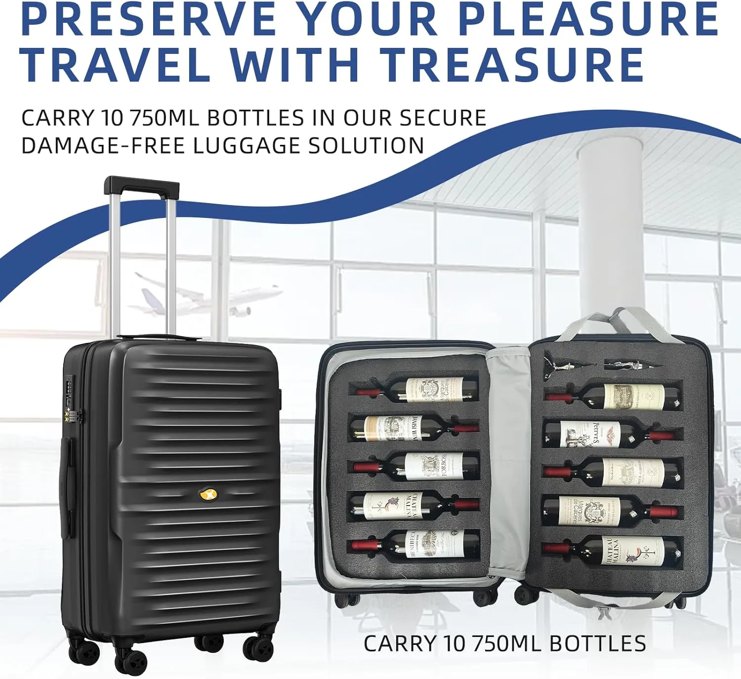 Wine Luggage, 10 Bottle Travel Case, Durable Spinner Wheels, TSA Lock, Removable Inserts