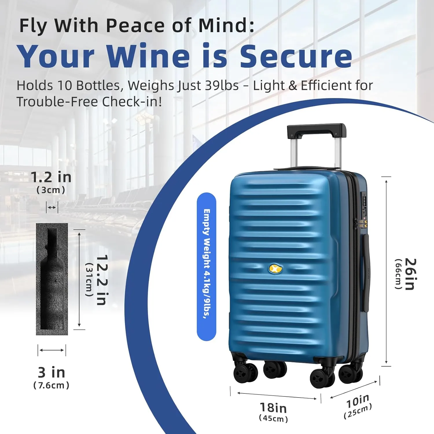 Wine Luggage, 10 Bottle Travel Case, Durable Spinner Wheels, TSA Lock, Removable Inserts