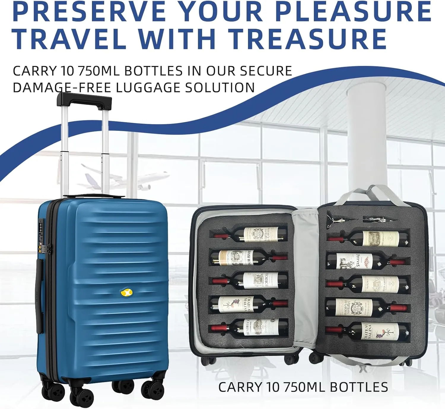 Wine Luggage, 10 Bottle Travel Case, Durable Spinner Wheels, TSA Lock, Removable Inserts