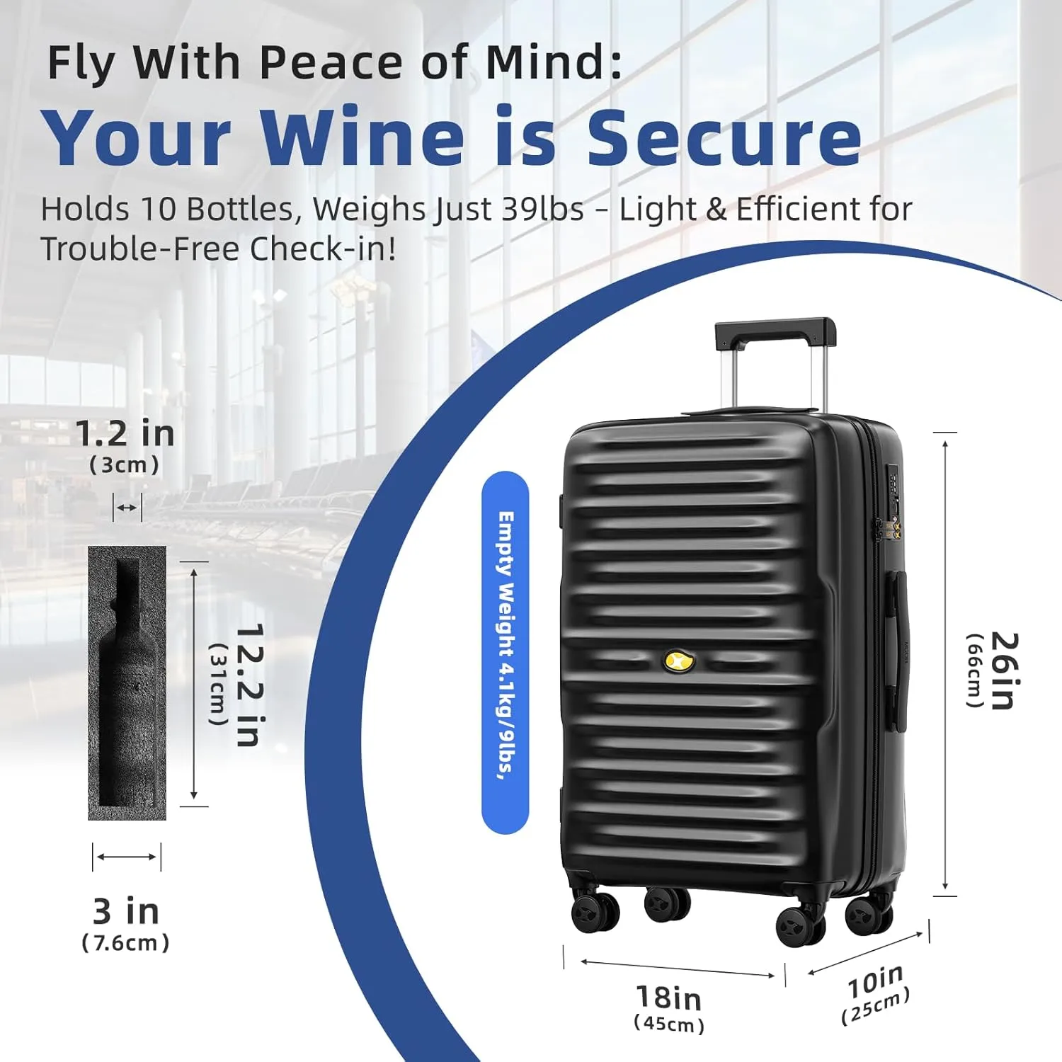 Wine Luggage, 10 Bottle Travel Case, Durable Spinner Wheels, TSA Lock, Removable Inserts