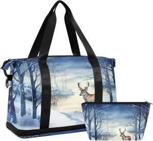 Winter Reindeer Duffel Bag Lightweight Carry On Gym Bags for Travel and Weekends, Versatile Overnight Bag with Shoe Compartment