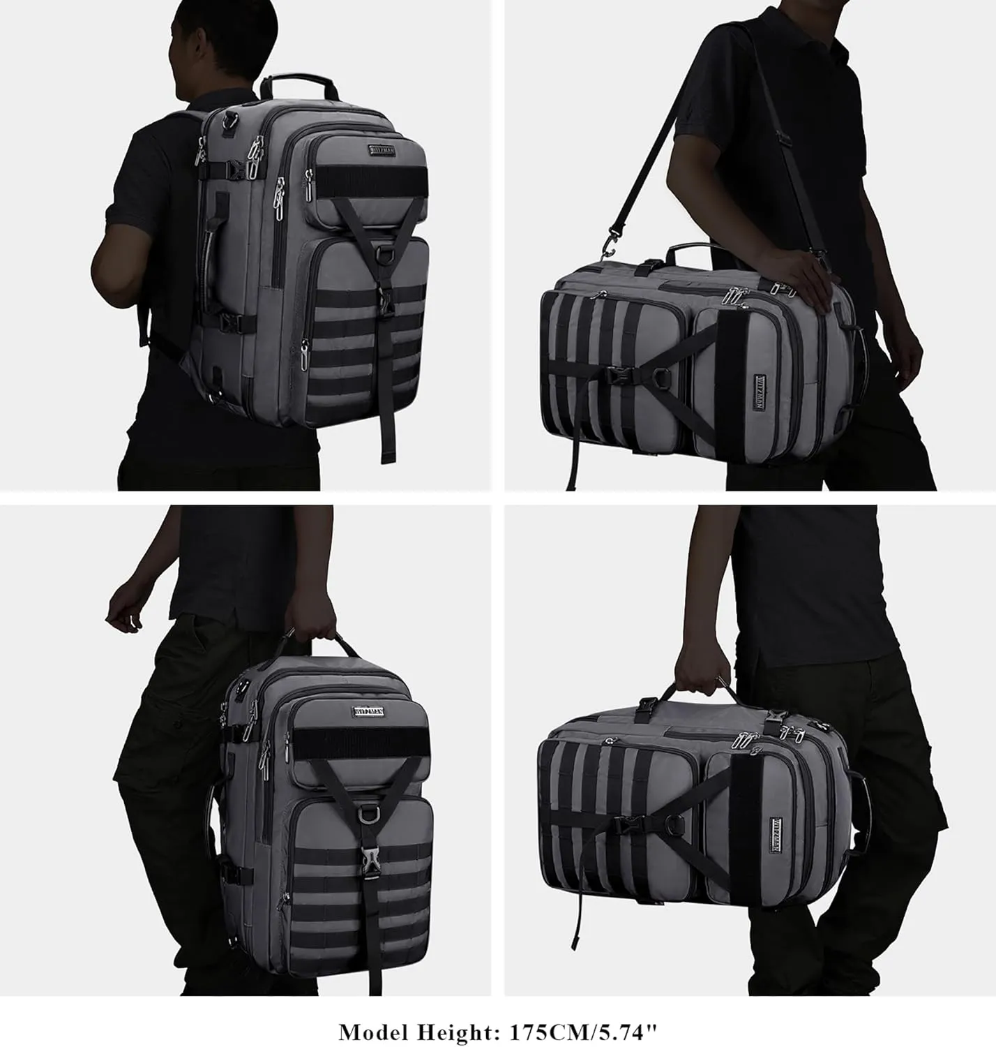 WITZMAN Carry On Travel Backpack for Men Large Convertible 45L Duffle Bag fit 17 Inch Laptop Airline Approved （B688 Silvery Grey）
