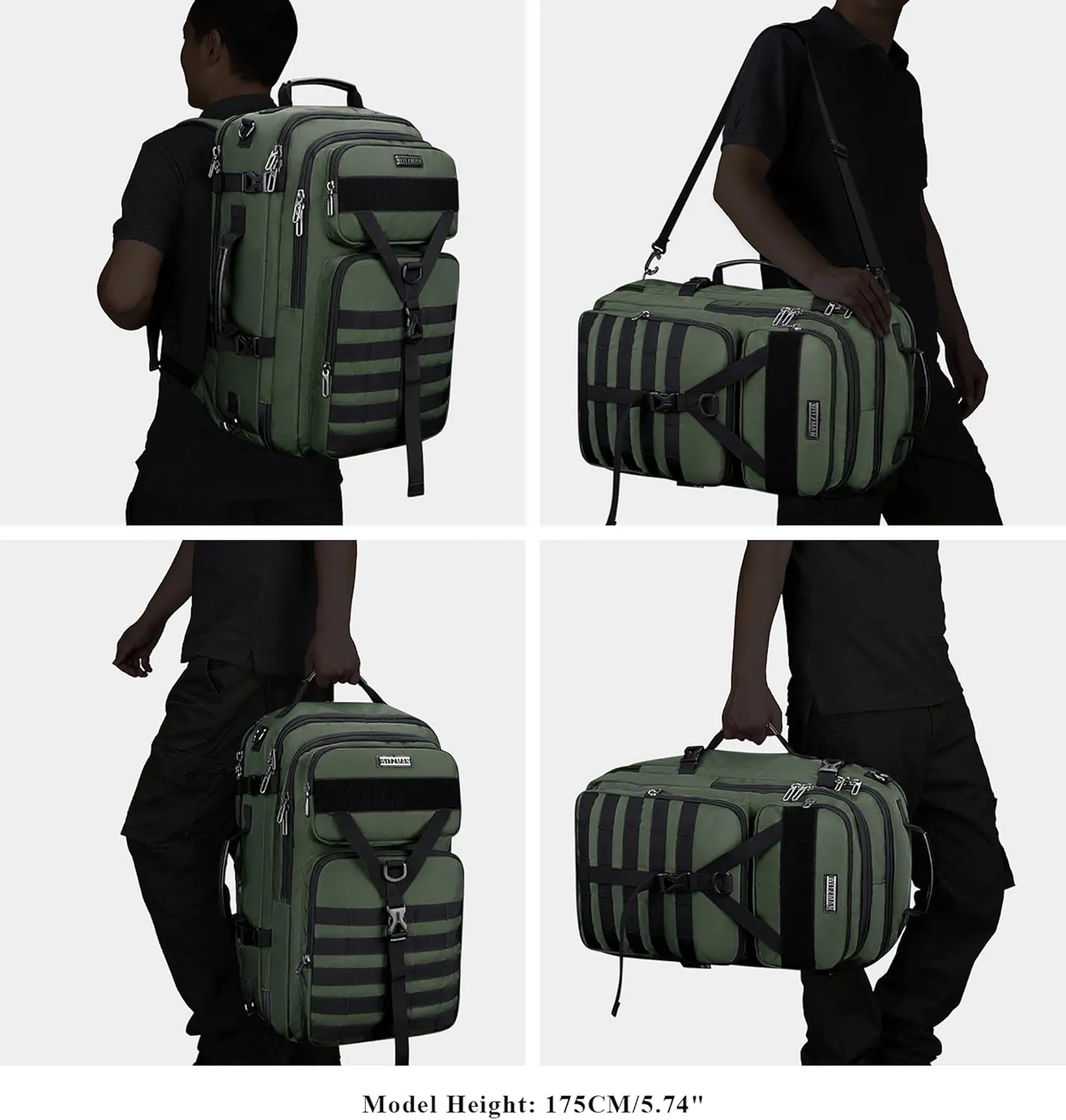 WITZMAN Carry On Travel Backpack for Men Large Convertible 45L Duffle Bag fit 17 Inch Laptop Airline Approved（B688 Light Green）