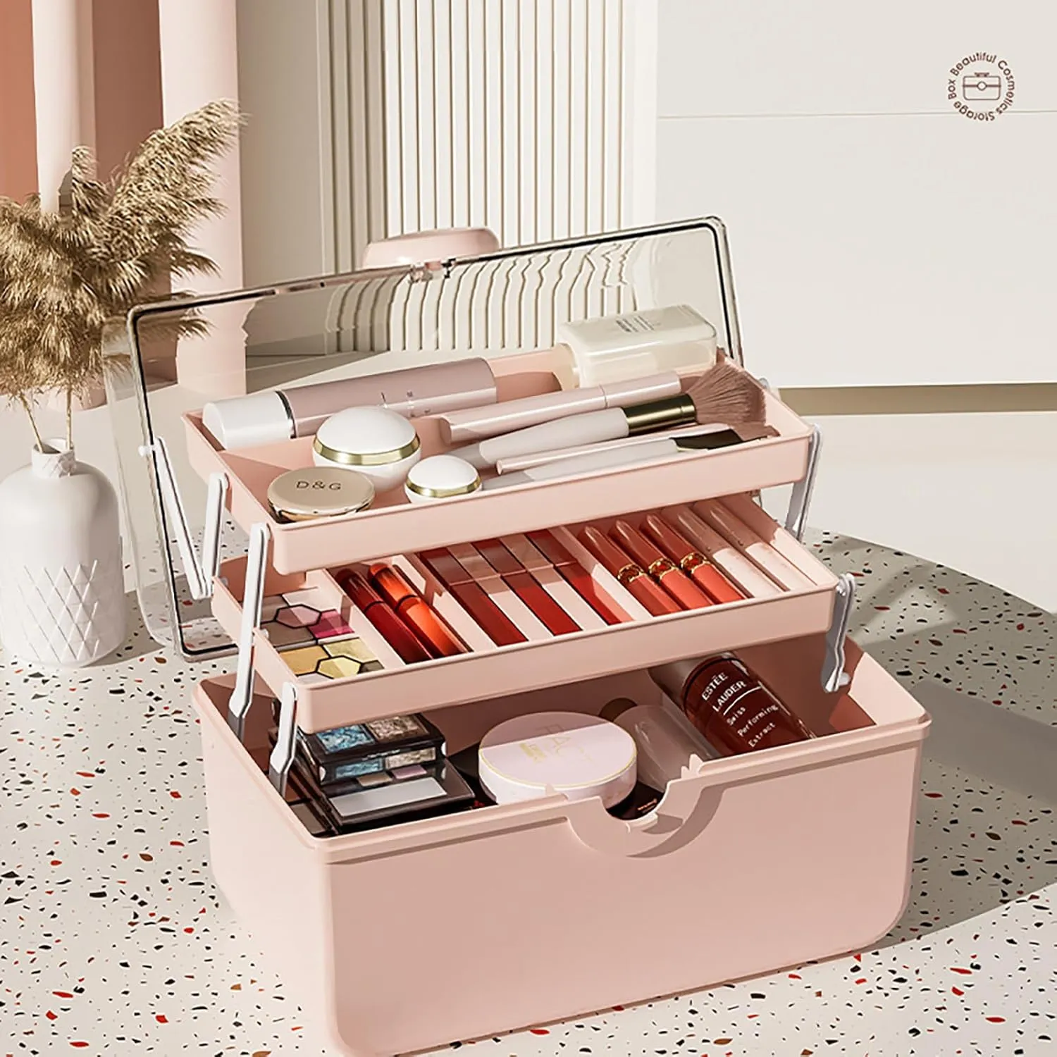 WMM Makeup Storage Organizer, Large Capacity Makeup Organizer with Transparent Visual Cover, Handle 3 Layers Portable Cosmetic Storage Box Easily Organize Your Cosmetics, Jewelry and Hair Accessories