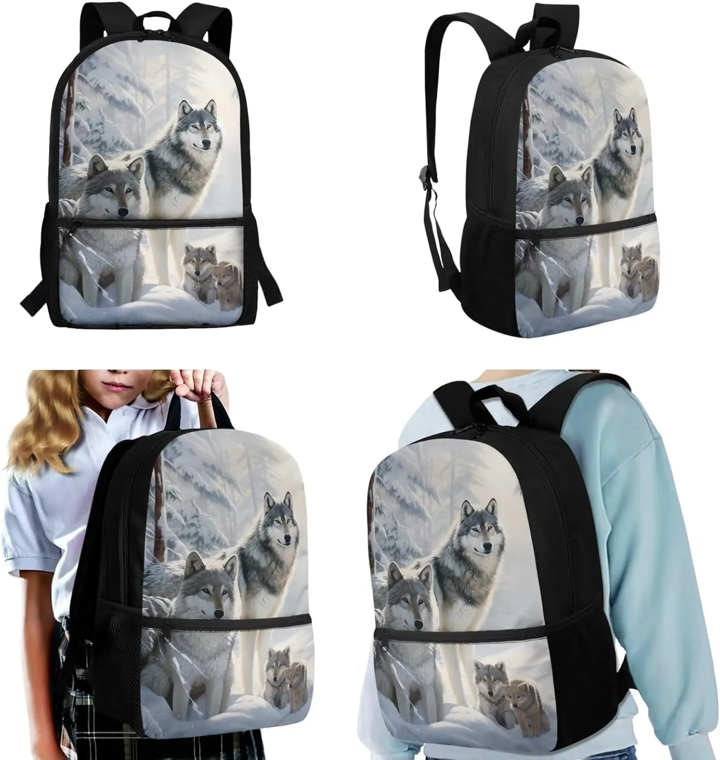 Wolf Backpack for Girls Backpacks Ages 8-10 and Lunch Box Set Boys Kids School Bookbag 17 Inch Girls Backpack for Elementary 4 Pcs Students School Bag Lightweight Travel Daypack