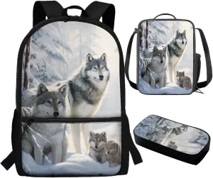 Wolf Backpack for Girls Backpacks Ages 8-10 and Lunch Box Set Boys Kids School Bookbag 17 Inch Girls Backpack for Elementary 4 Pcs Students School Bag Lightweight Travel Daypack