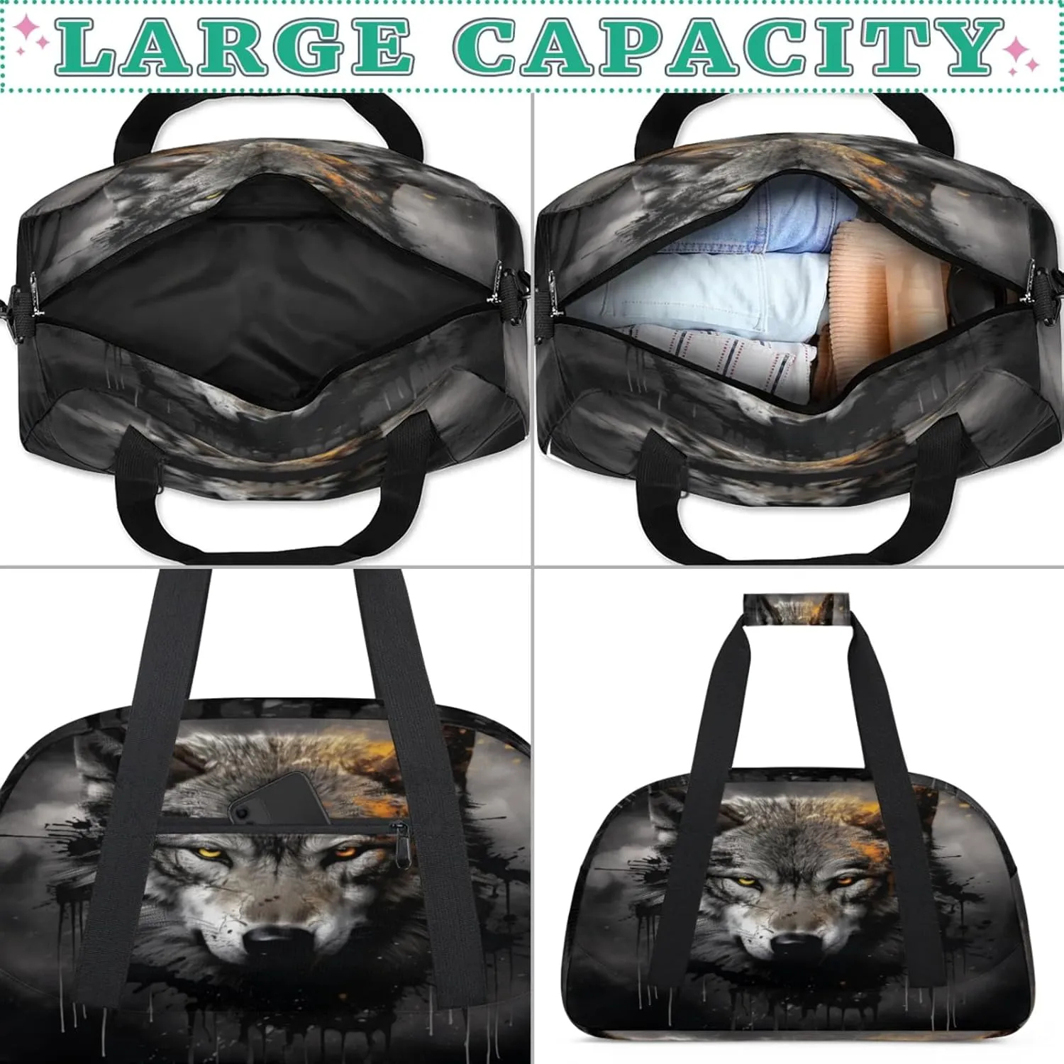 Wolf Gym Bag for Women Men, Sports Travel Duffel Bag Lightweight Workout Bag Carry On Overnight Weekender Bag