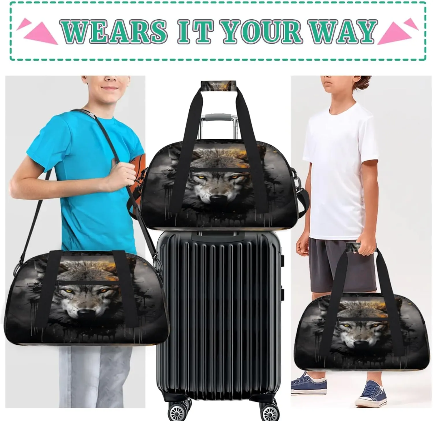 Wolf Gym Bag for Women Men, Sports Travel Duffel Bag Lightweight Workout Bag Carry On Overnight Weekender Bag