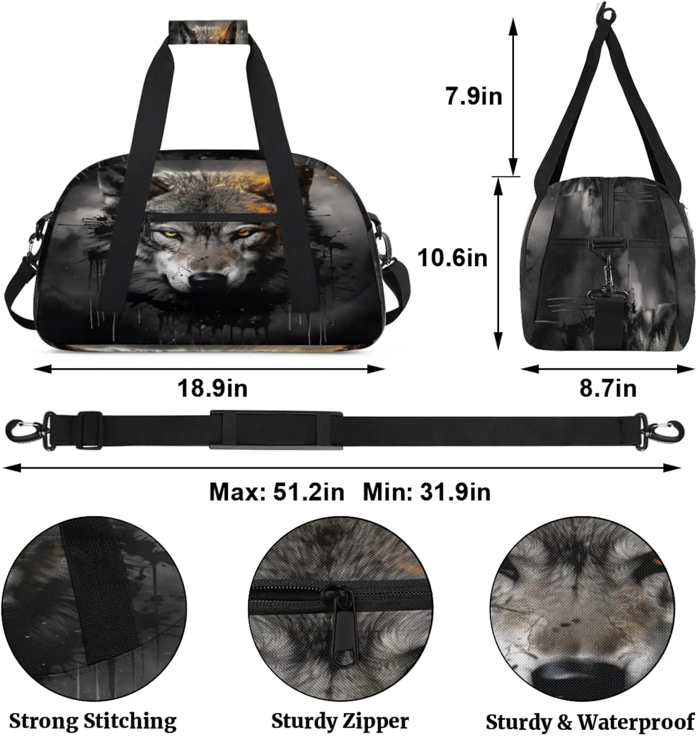 Wolf Gym Bag for Women Men, Sports Travel Duffel Bag Lightweight Workout Bag Carry On Overnight Weekender Bag