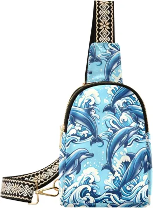 Women Crossbody Sling Backpack Dolphins-jump-blue-sea Girl Chest Bag Daypack for Hiking Traveling
