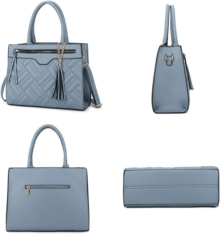 Women Handbag Embroidery Leather Purse With Tassel Solid Colored Work Tote Bag Top Handle Bag with Long Shoulder Strap
