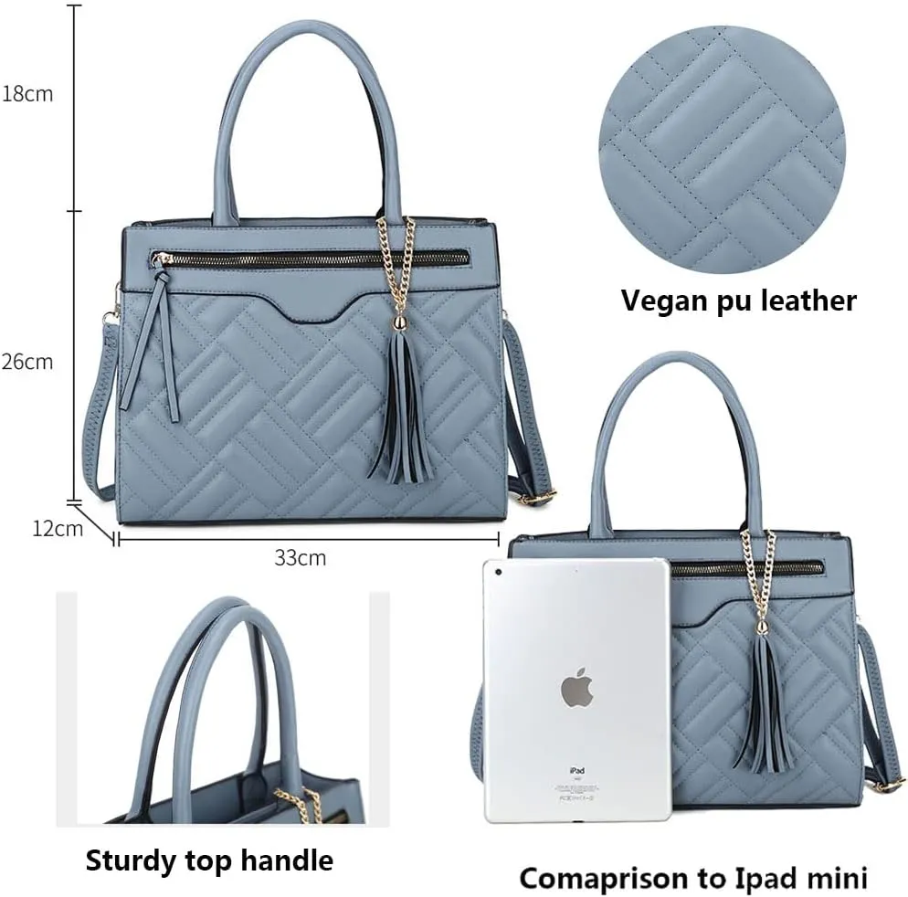 Women Handbag Embroidery Leather Purse With Tassel Solid Colored Work Tote Bag Top Handle Bag with Long Shoulder Strap