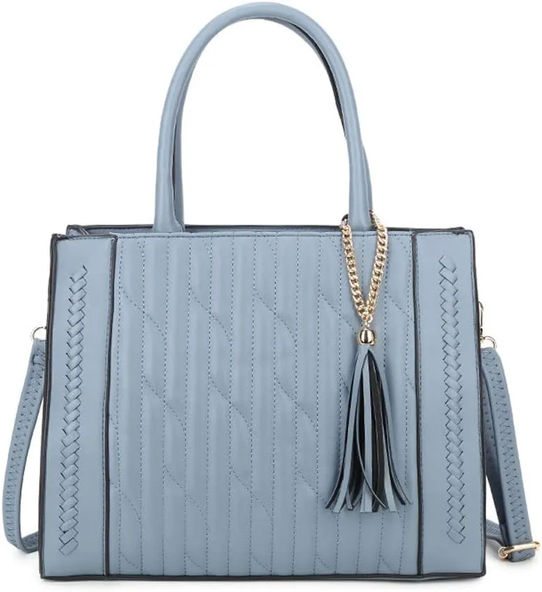 Women Handbag Embroidery Leather Purse With Tassel Solid Colored Work Tote Bag Top Handle Bag with Long Shoulder Strap