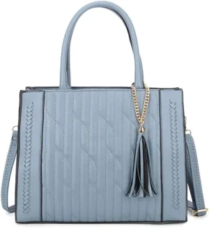 Women Handbag Embroidery Leather Purse With Tassel Solid Colored Work Tote Bag Top Handle Bag with Long Shoulder Strap