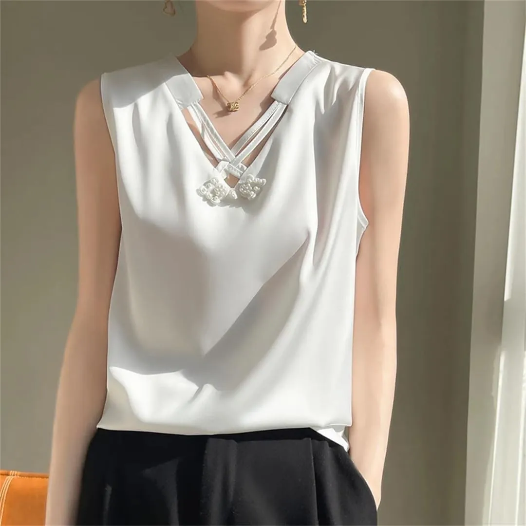 Women's Summer Sleeveless Real Silk Satin V-Neck Chinese Knot Sling Fitting Sexy Solid Underlay Top