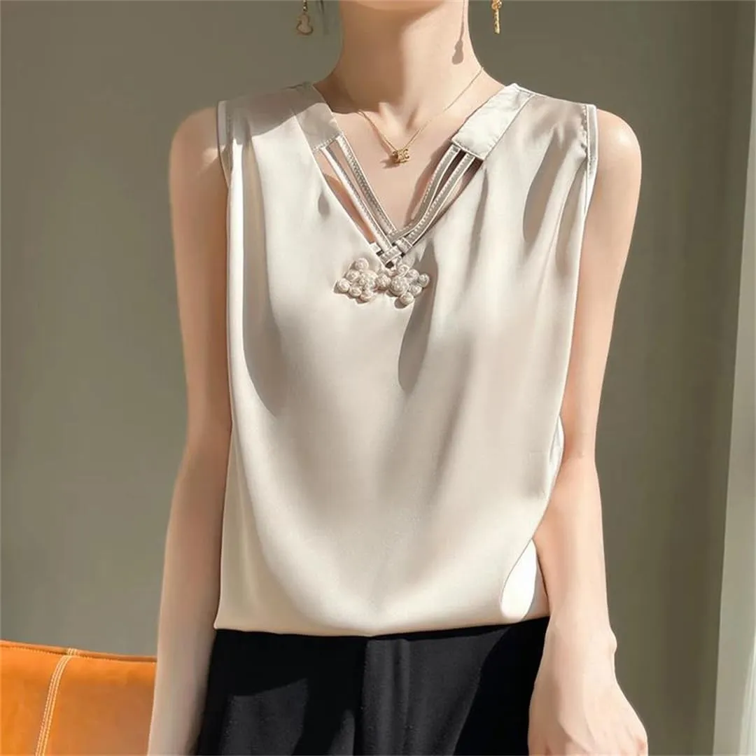 Women's Summer Sleeveless Real Silk Satin V-Neck Chinese Knot Sling Fitting Sexy Solid Underlay Top