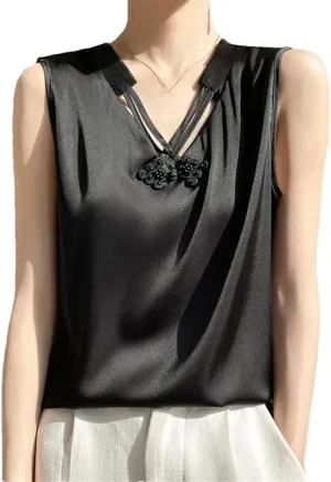 Women's Summer Sleeveless Real Silk Satin V-Neck Chinese Knot Sling Fitting Sexy Solid Underlay Top