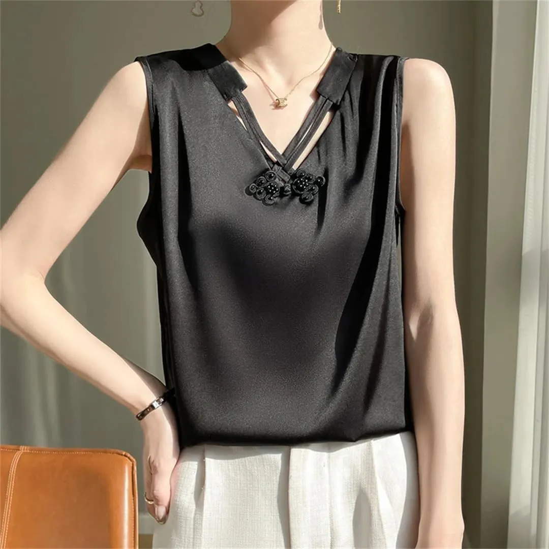 Women's Summer Sleeveless Real Silk Satin V-Neck Chinese Knot Sling Fitting Sexy Solid Underlay Top