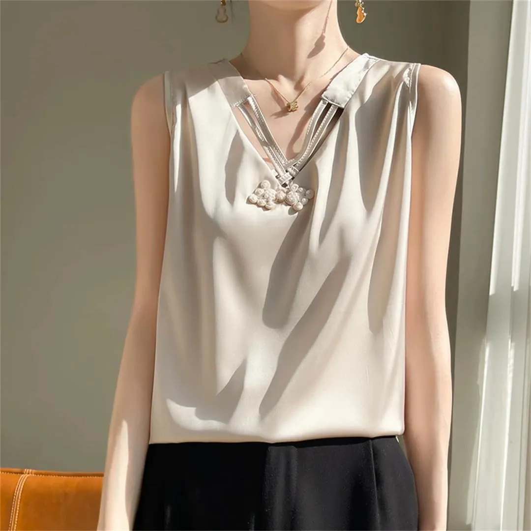 Women's Summer Sleeveless Real Silk Satin V-Neck Chinese Knot Sling Fitting Sexy Solid Underlay Top