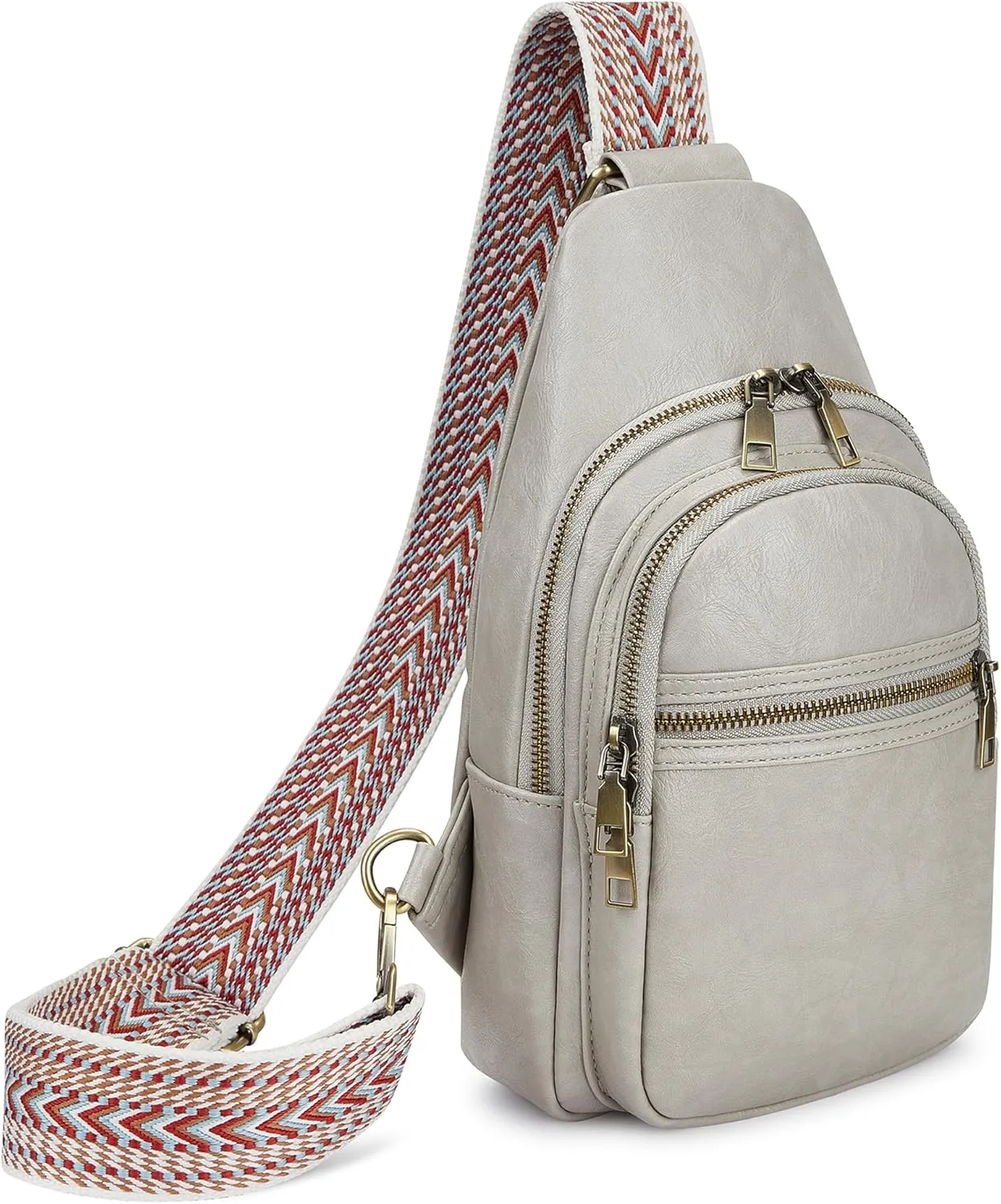 Women's Vegan Leather Sling Bag Packs Small Zipper Crossbody Chest Backpacks, Light-Grey