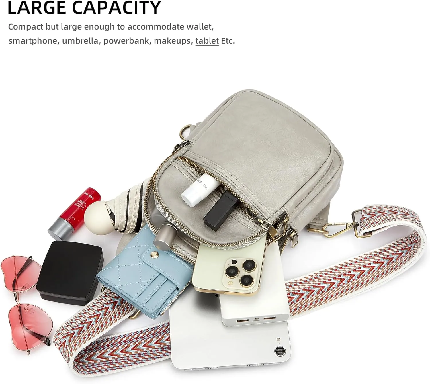 Women's Vegan Leather Sling Bag Packs Small Zipper Crossbody Chest Backpacks, Light-Grey