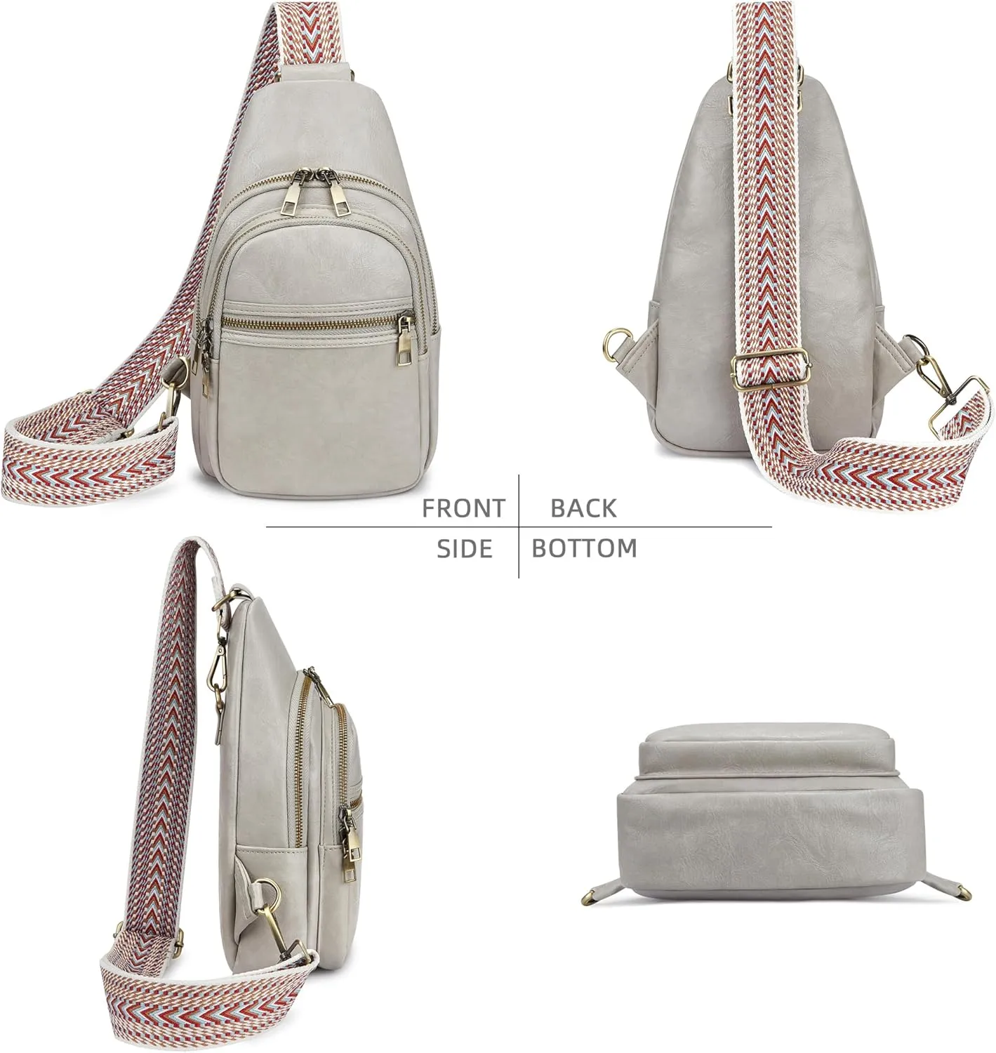 Women's Vegan Leather Sling Bag Packs Small Zipper Crossbody Chest Backpacks, Light-Grey