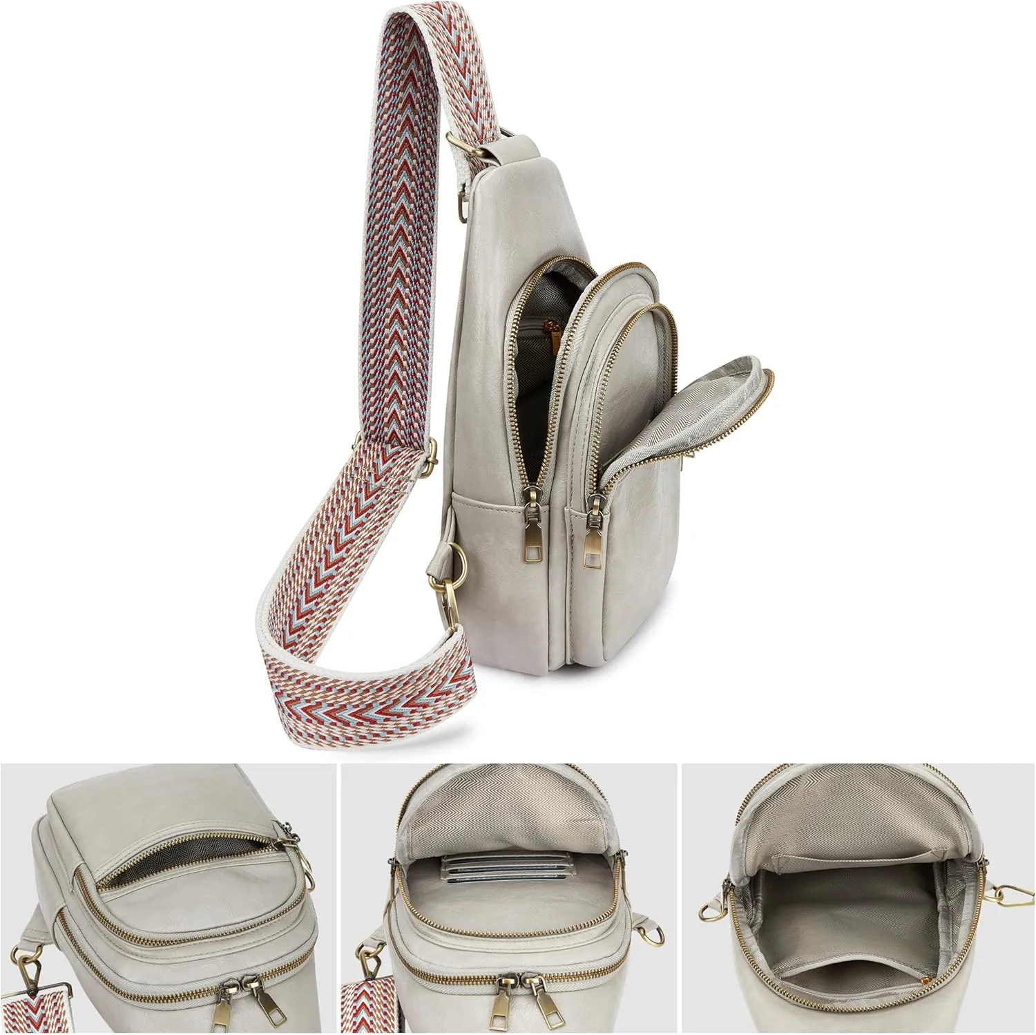 Women's Vegan Leather Sling Bag Packs Small Zipper Crossbody Chest Backpacks, Light-Grey