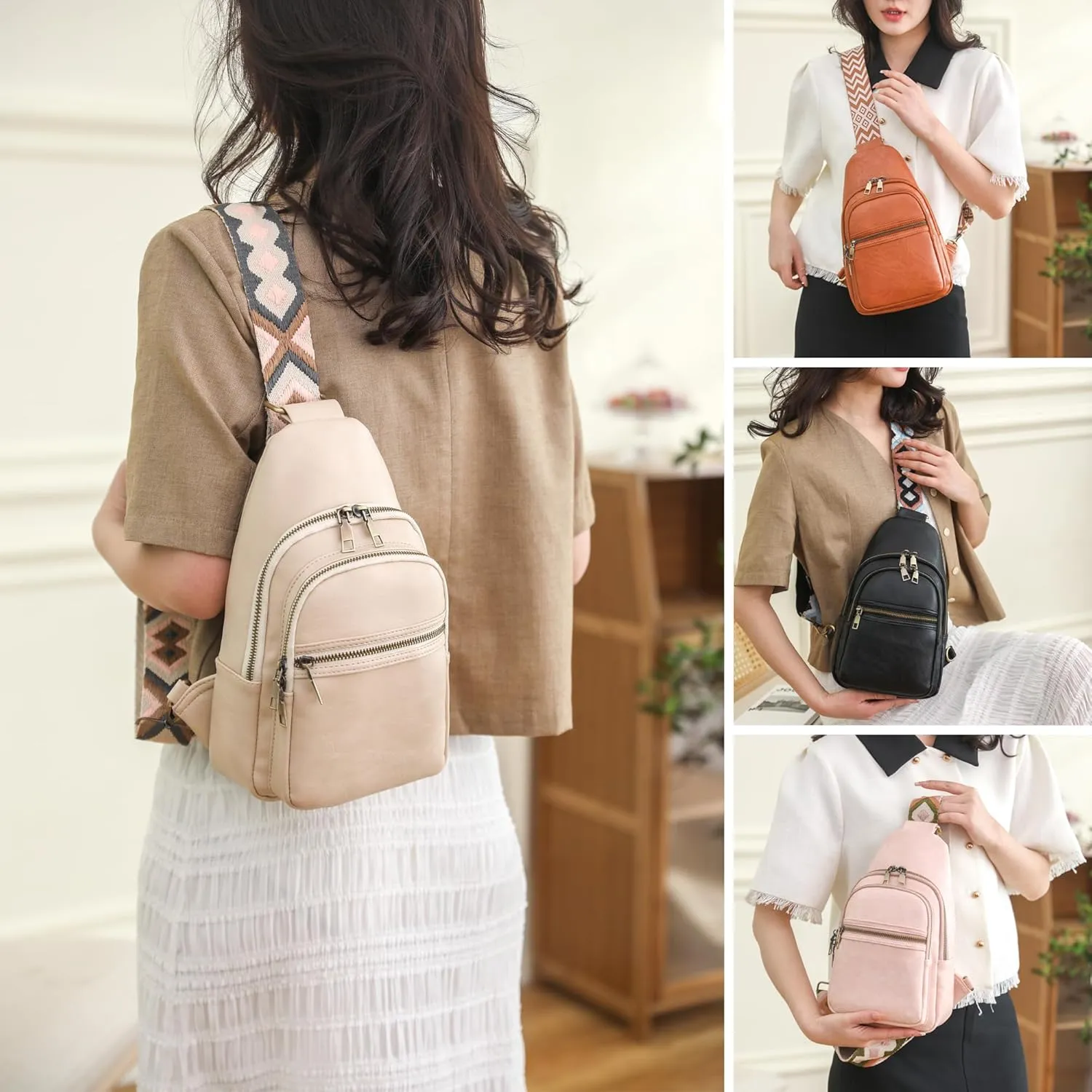 Women's Vegan Leather Sling Bag Packs Small Zipper Crossbody Chest Backpacks, Light-Grey