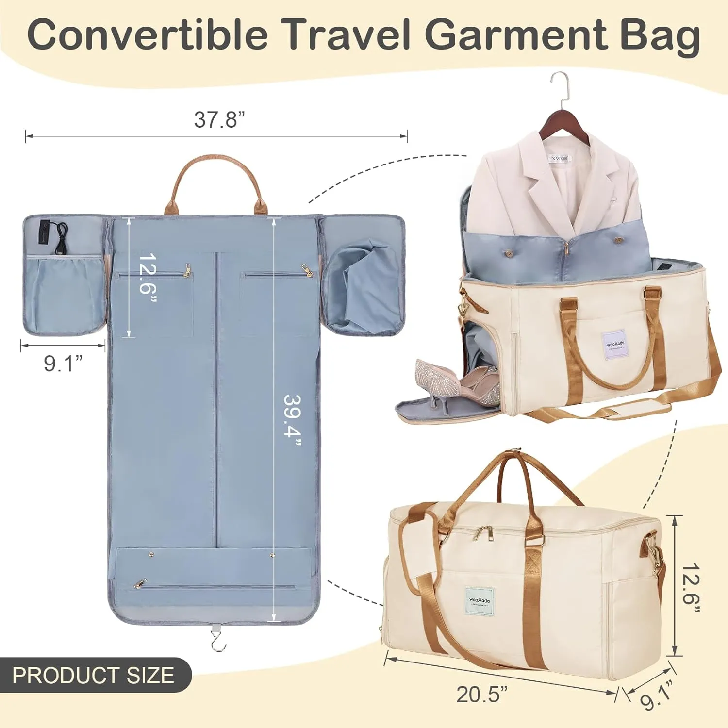 WOOMADA Travel Garment Bag, Convertible Garment Duffle with Shoe Bag and Hanging Dress Compartment for Women, Carry-On Luggage for Business and Leisure Trips(Beige&Brown)