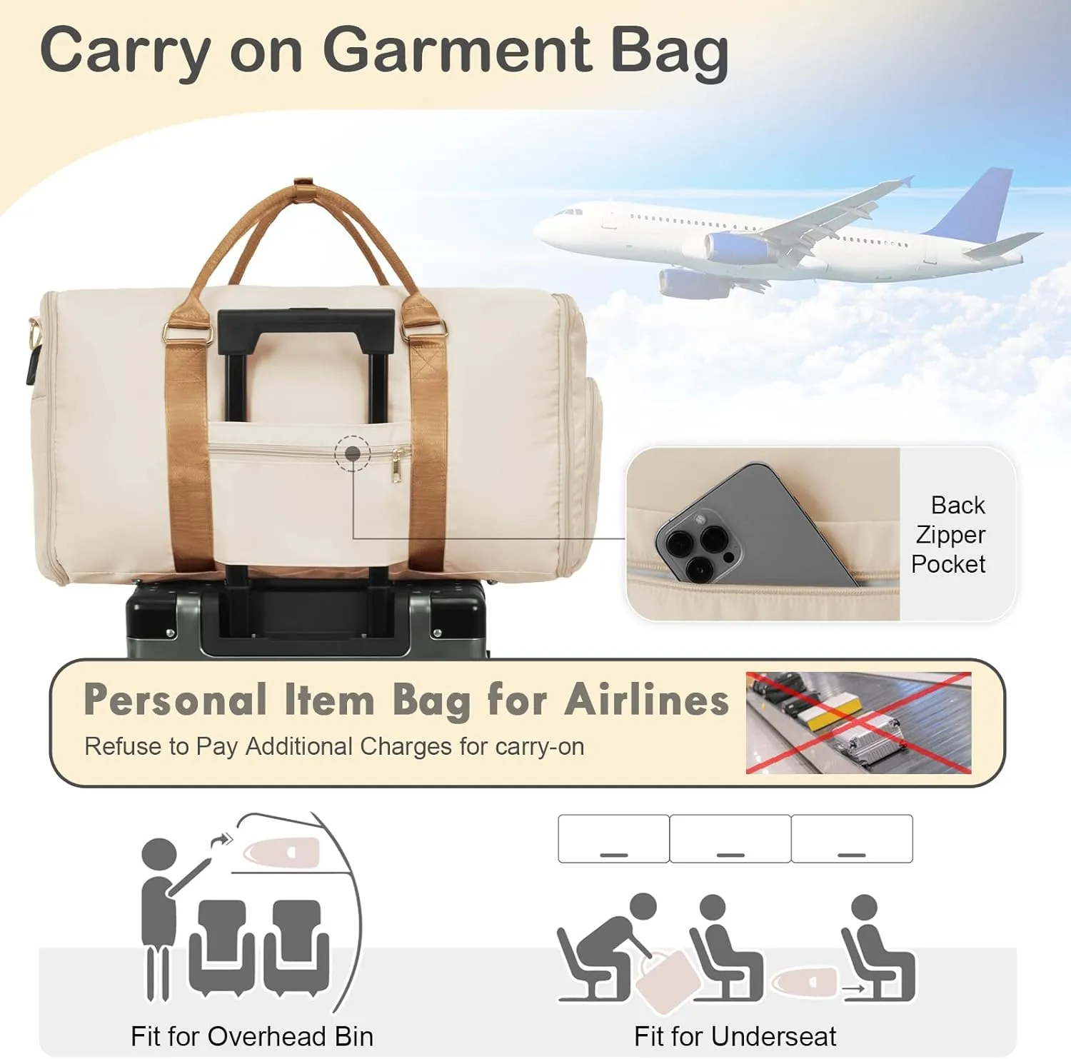 WOOMADA Travel Garment Bag, Convertible Garment Duffle with Shoe Bag and Hanging Dress Compartment for Women, Carry-On Luggage for Business and Leisure Trips(Beige&Brown)