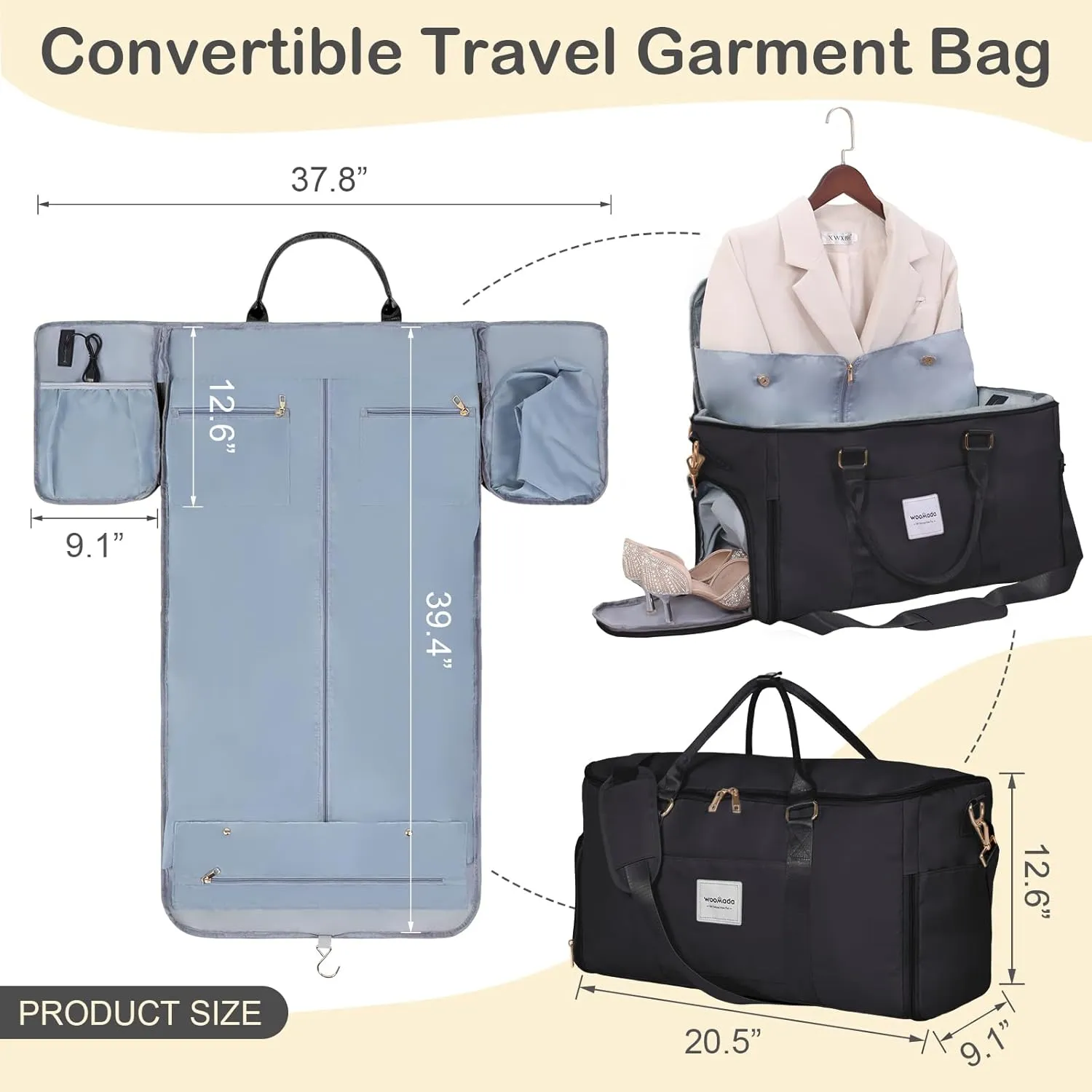WOOMADA Travel Garment Bag, Convertible Garment Duffle with Shoe Bag and Hanging Dress Compartment for Women, Carry-On Luggage for Business and Leisure Trips(Black)