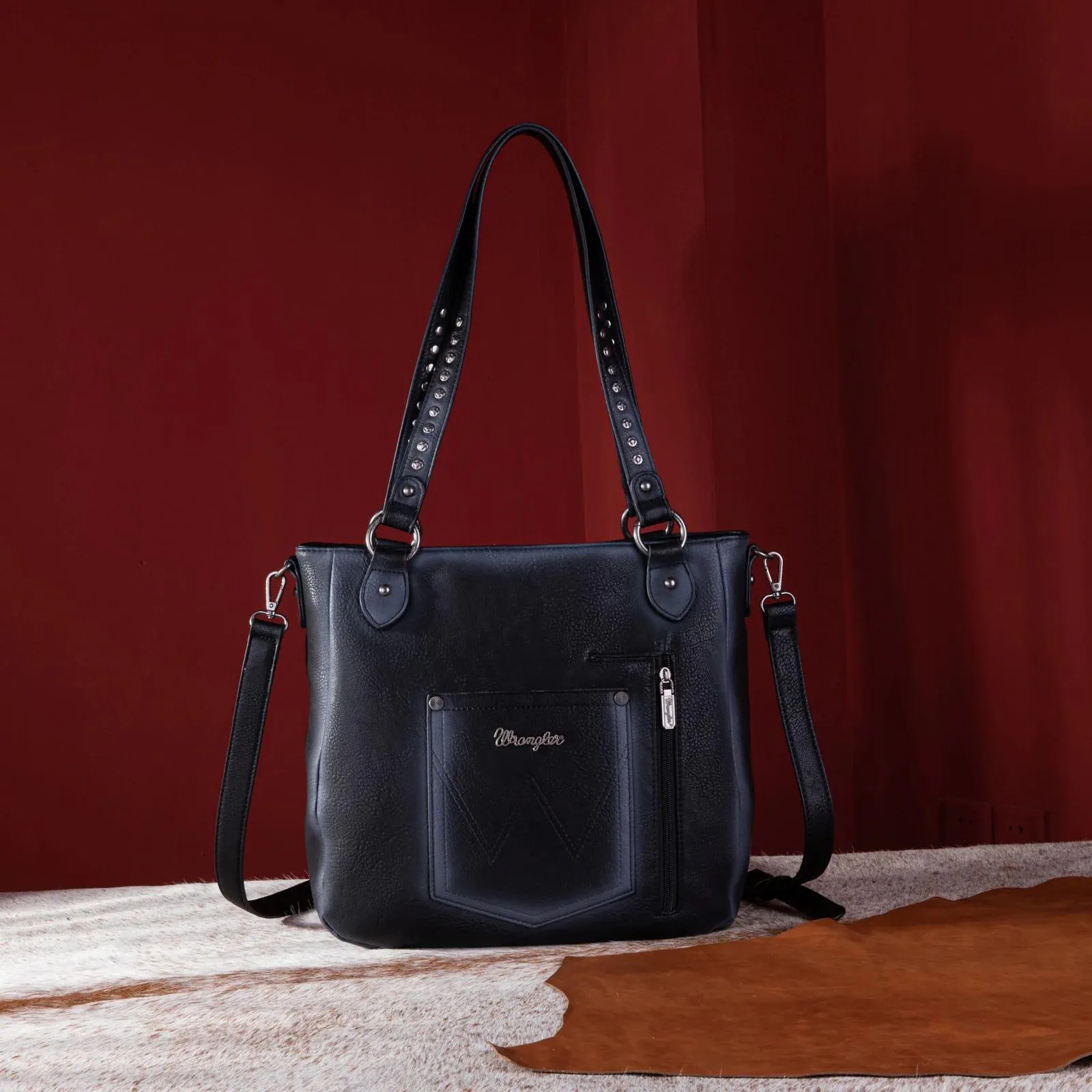 Wrangler Rivets Concealed Carry Oversize Tote/Crossbody - Black - by Montana West