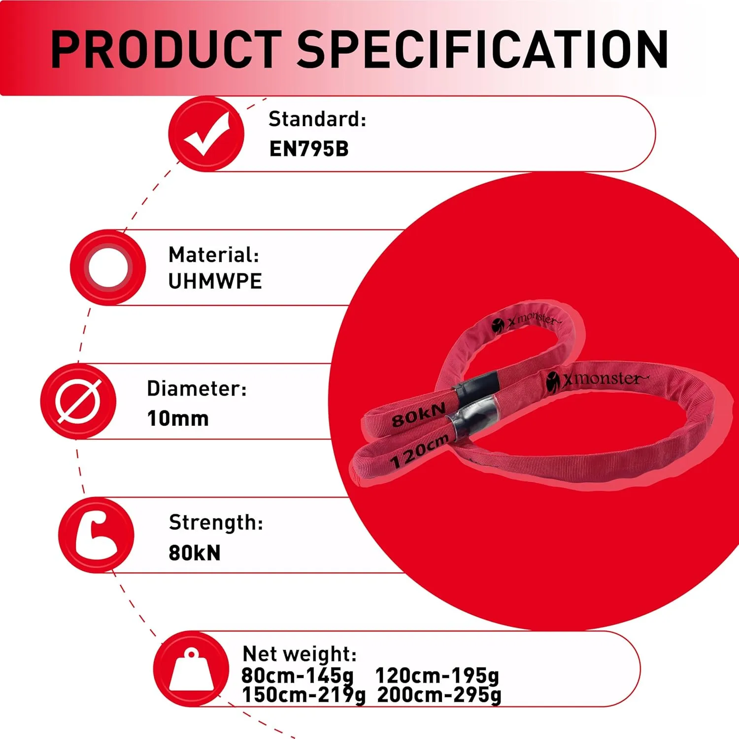 Xmonster Rhino 80 High Strength Anchor Sling Climbing Utility Safety Cord 3/8"×59" (Breaking Strength 80kN/8100kgf) Safety Lanyards for Rope Access and Rescue Tree Saver Tow Rope