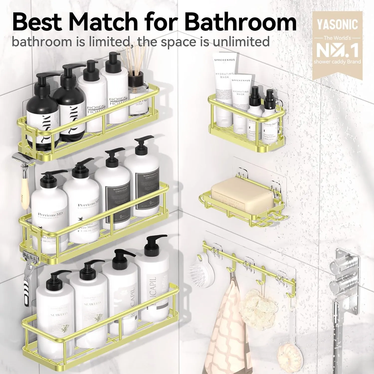 YASONIC Shower Caddy, 6 Pack Large Capacity Bath Organizer with Soap Holder and 12 Hooks, Rustproof Shower Shelves for Inside Shower, No Drilling&Sleek Bathroom Organizers and Storage Gold