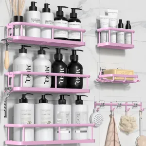 YASONIC Shower Caddy, 6 Pack Large Capacity Bath Organizer with Soap Holder and 12 Hooks, Rustproof Shower Shelves for Inside Shower, No Drilling&Sleek Bathroom Organizers and Storage Pink