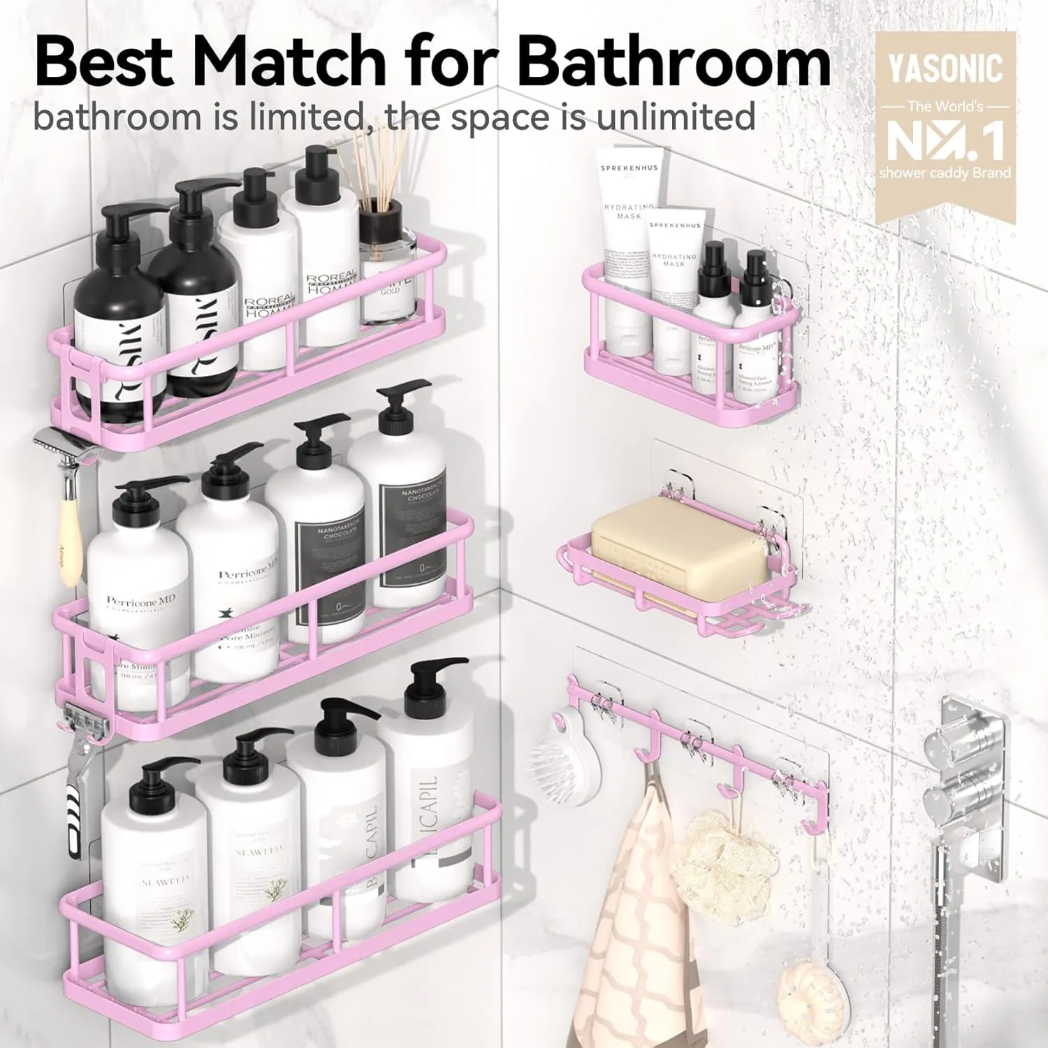 YASONIC Shower Caddy, 6 Pack Large Capacity Bath Organizer with Soap Holder and 12 Hooks, Rustproof Shower Shelves for Inside Shower, No Drilling&Sleek Bathroom Organizers and Storage Pink