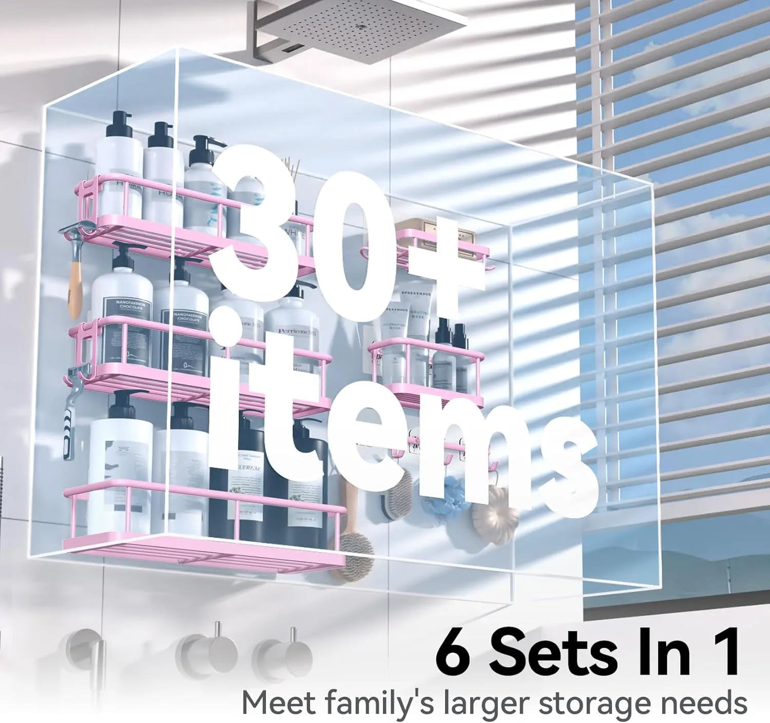 YASONIC Shower Caddy, 6 Pack Large Capacity Bath Organizer with Soap Holder and 12 Hooks, Rustproof Shower Shelves for Inside Shower, No Drilling&Sleek Bathroom Organizers and Storage Pink