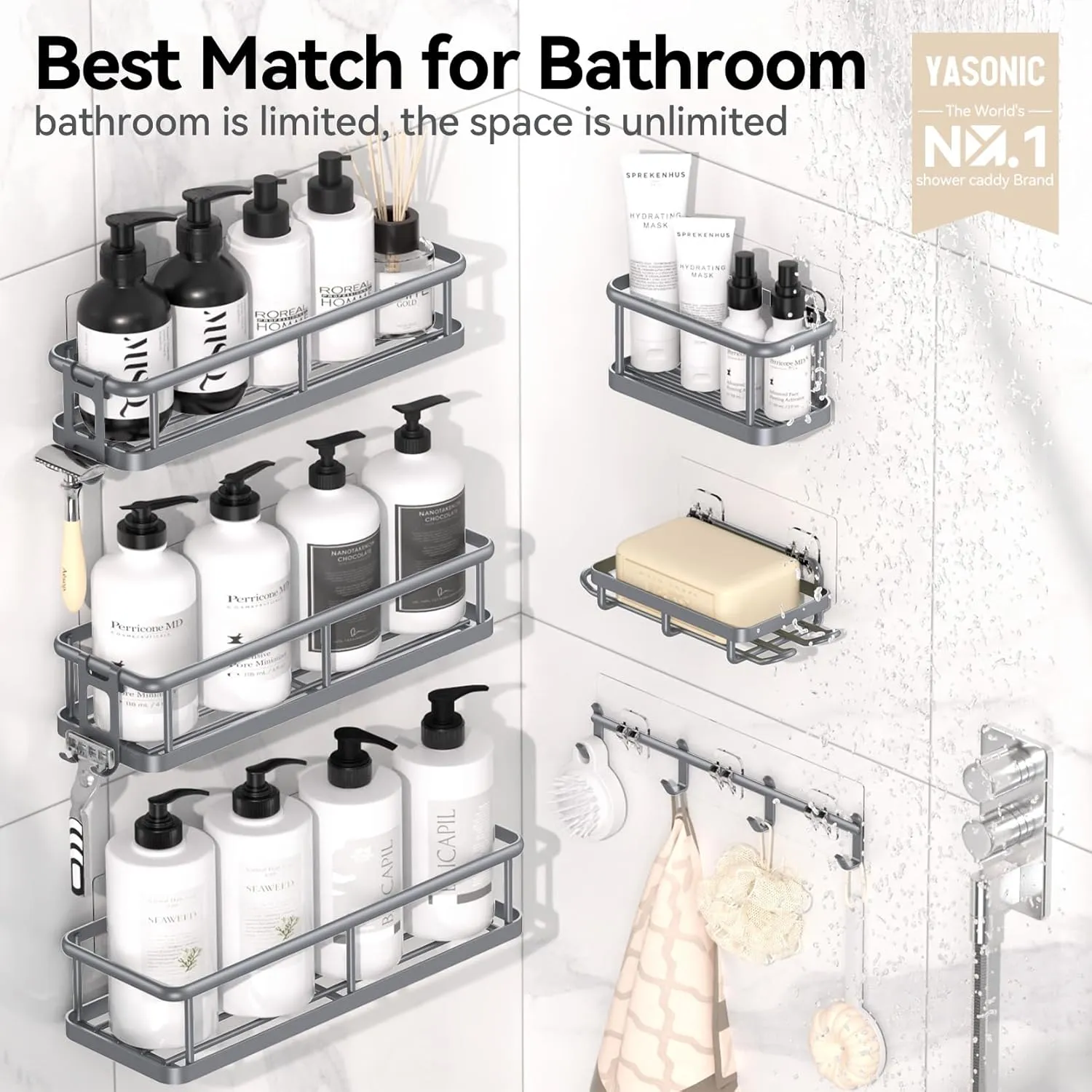 YASONIC Shower Caddy, 6 Pack Large Capacity shower Organizer with Soap Holder and 12 Hooks, Rustproof Shower Shelves for Inside Shower, No Drilling&Sleek Bathroom Organizers and Storage Grey