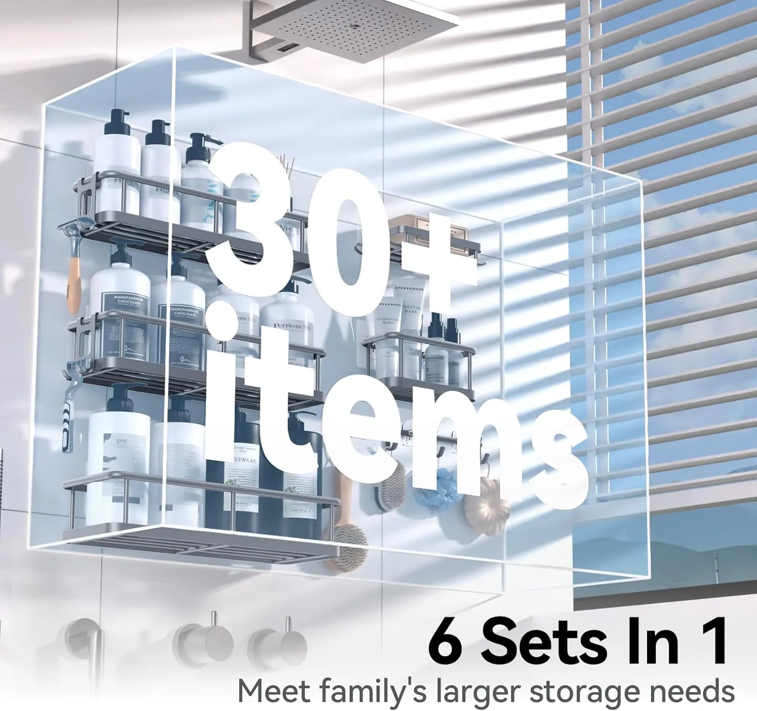 YASONIC Shower Caddy, 6 Pack Large Capacity shower Organizer with Soap Holder and 12 Hooks, Rustproof Shower Shelves for Inside Shower, No Drilling&Sleek Bathroom Organizers and Storage Grey