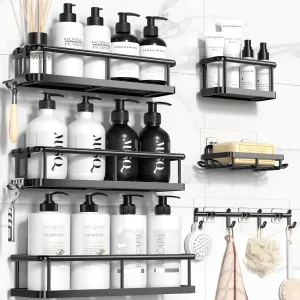 YASONIC Shower Caddy 6 Pack Rustproof shower Organizer, Large Capacity Shower Shelves for inside shower, Bathroom Organizers and Storage with Soap Holder and 12 Hooks, Adhesive Shower storage, Black