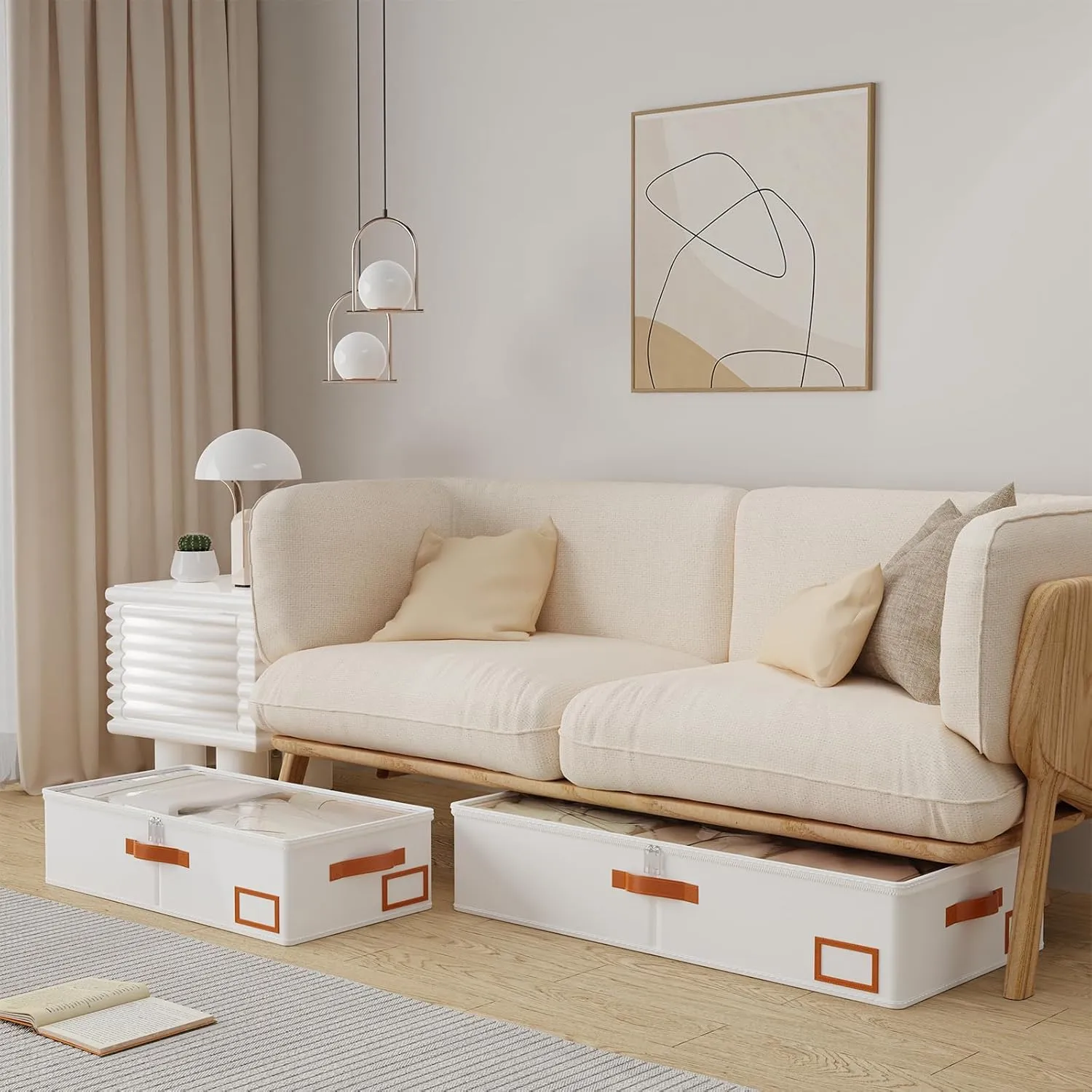 Yawinhe Under Bed Storage, 2 Pack Closet Organizers, Collapsible Container Bags, with Sorting Card Slot and 4 Leather Handles, for Blanket, Bedding, 23.6''Lx11.8''Wx6''H, Beige