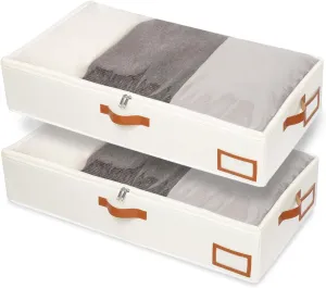 Yawinhe Under Bed Storage, 2 Pack Closet Organizers, Collapsible Container Bags, with Sorting Card Slot and 4 Leather Handles, for Blanket, Bedding, 23.6''Lx11.8''Wx6''H, Beige
