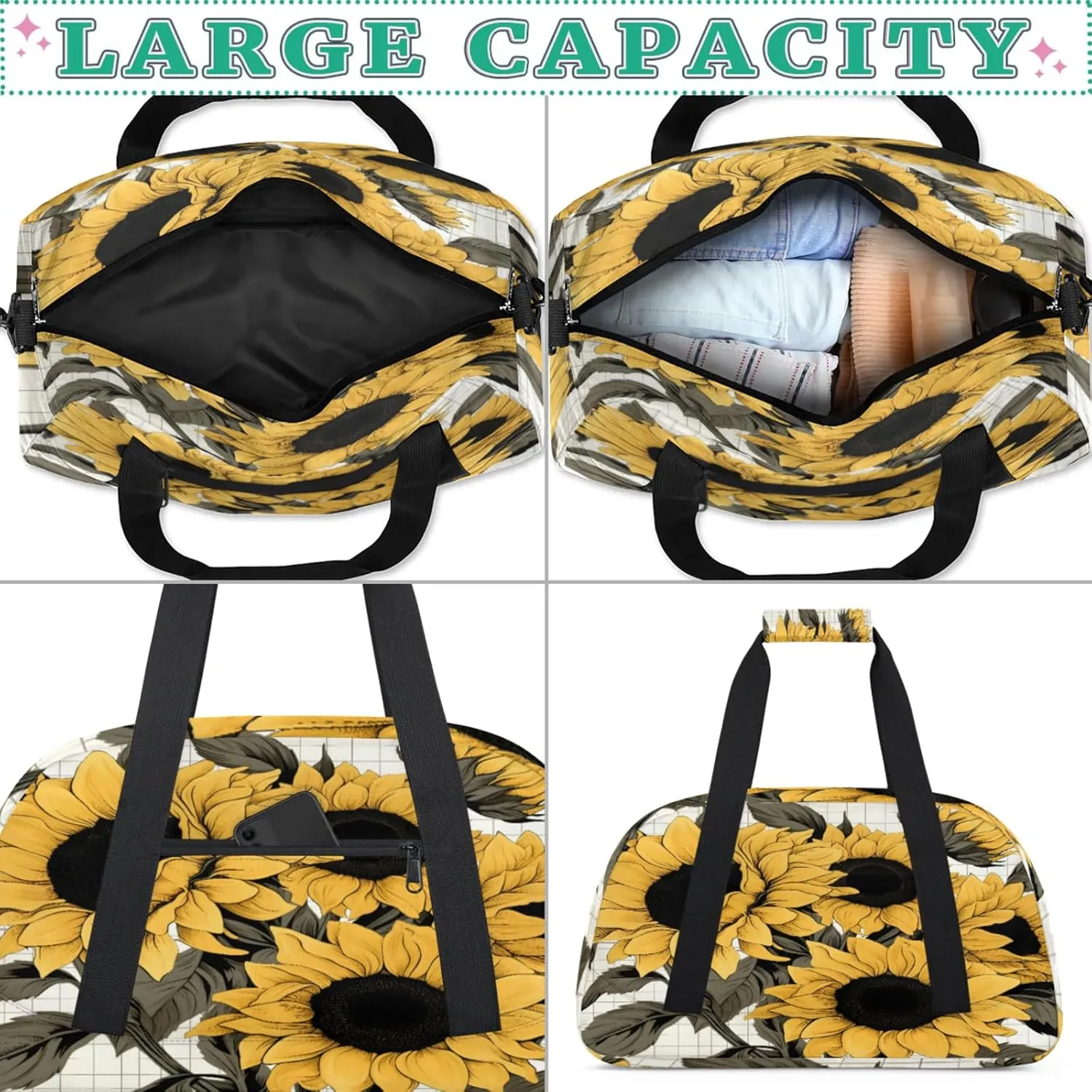 Yellow Sunflower Gym Bag for Women Men, Sports Travel Duffel Bag Lightweight Workout Bag Carry On Overnight Weekender Bag