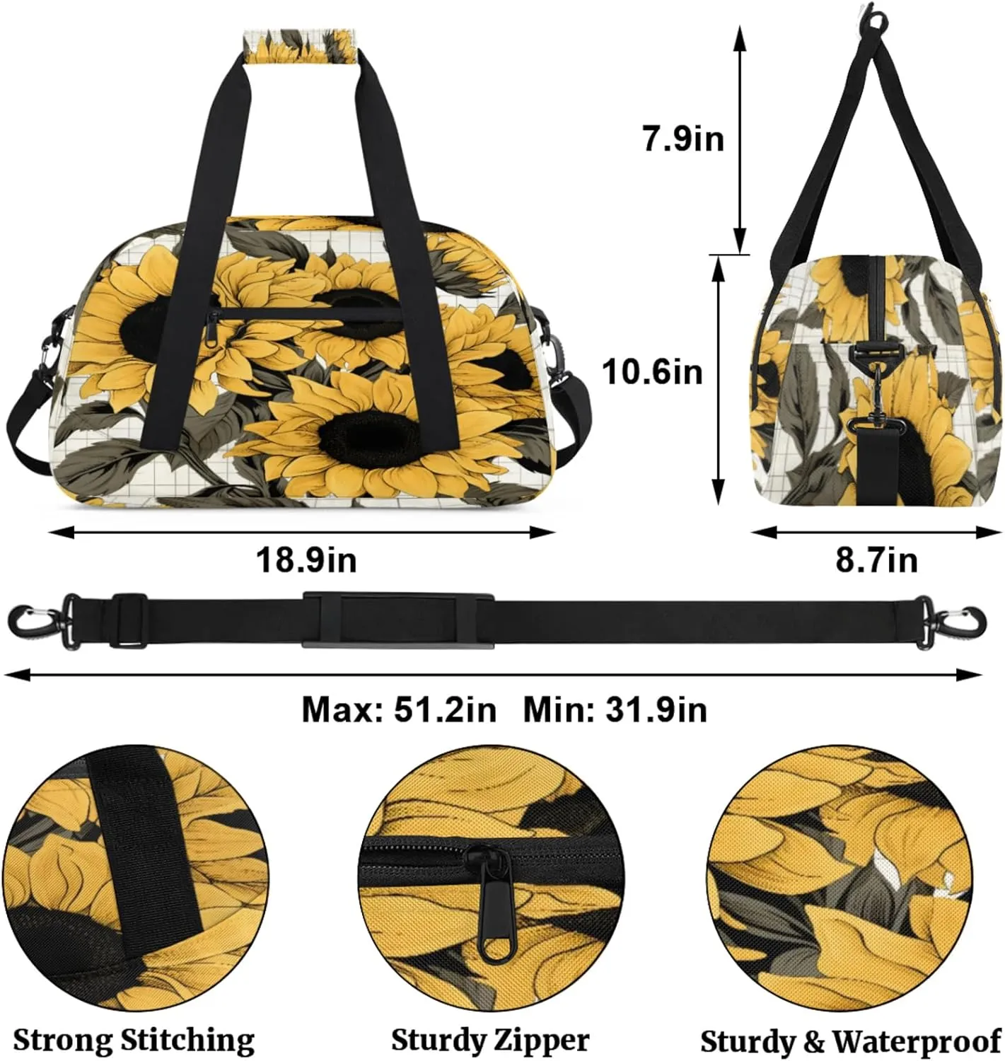 Yellow Sunflower Gym Bag for Women Men, Sports Travel Duffel Bag Lightweight Workout Bag Carry On Overnight Weekender Bag