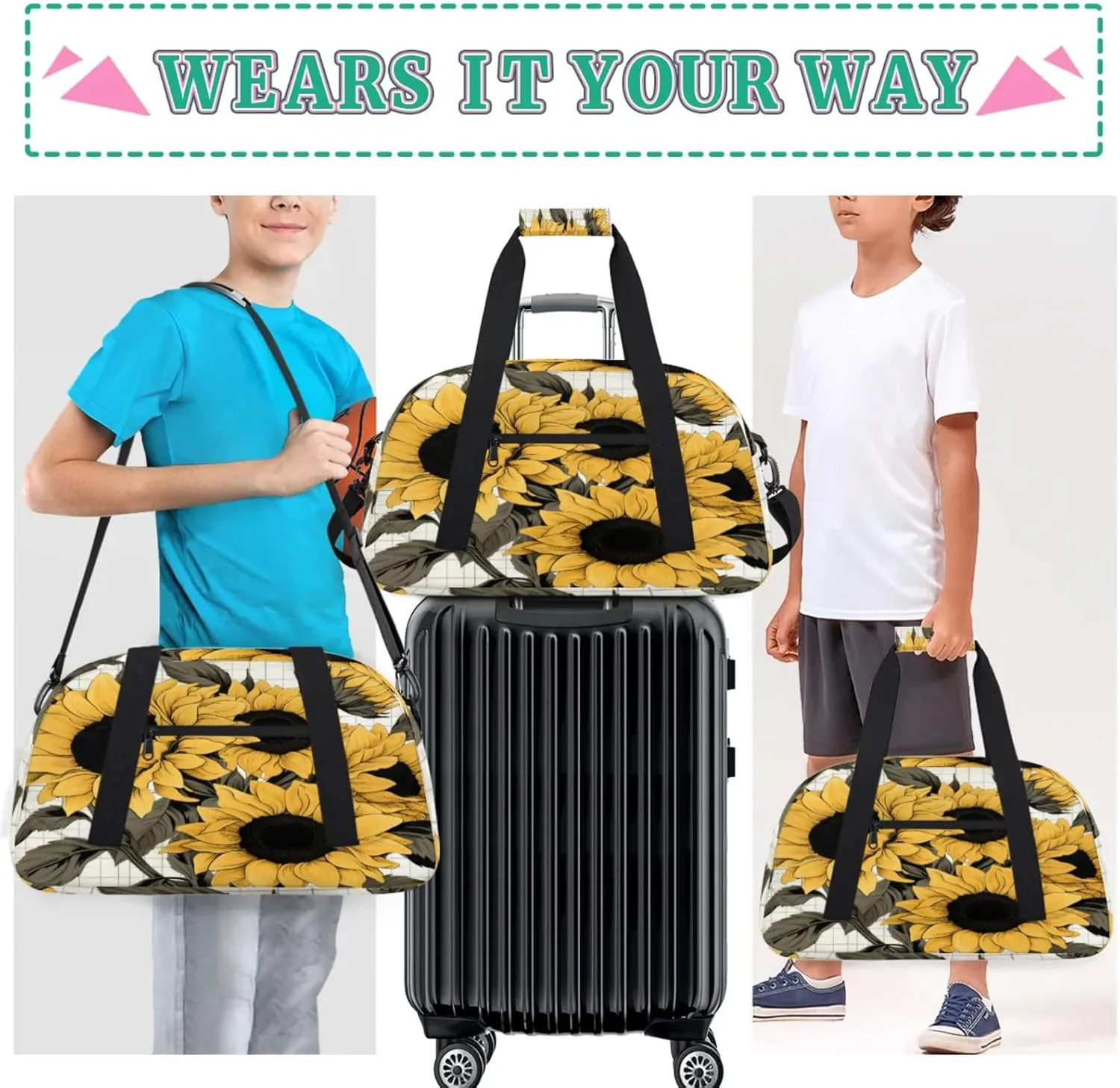Yellow Sunflower Gym Bag for Women Men, Sports Travel Duffel Bag Lightweight Workout Bag Carry On Overnight Weekender Bag