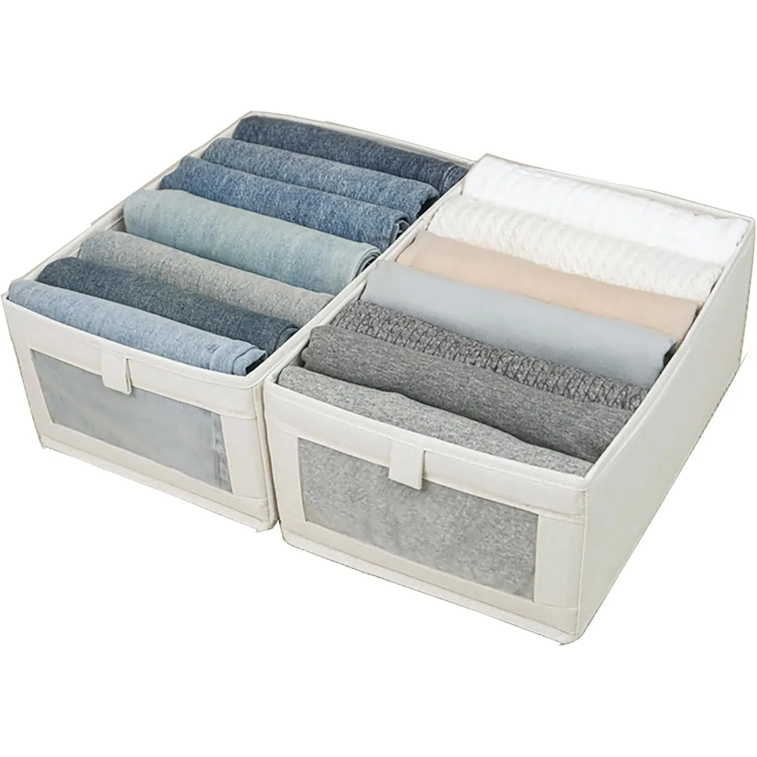 Ymlike Clothes Storage Organizer, Stackable Cotton Drawer Closet Box with Transparent Mesh Window and Handle, Store bag for Clothing, Jeans, Bras, Leggings, Sweaters, (2 Pack, Beige)